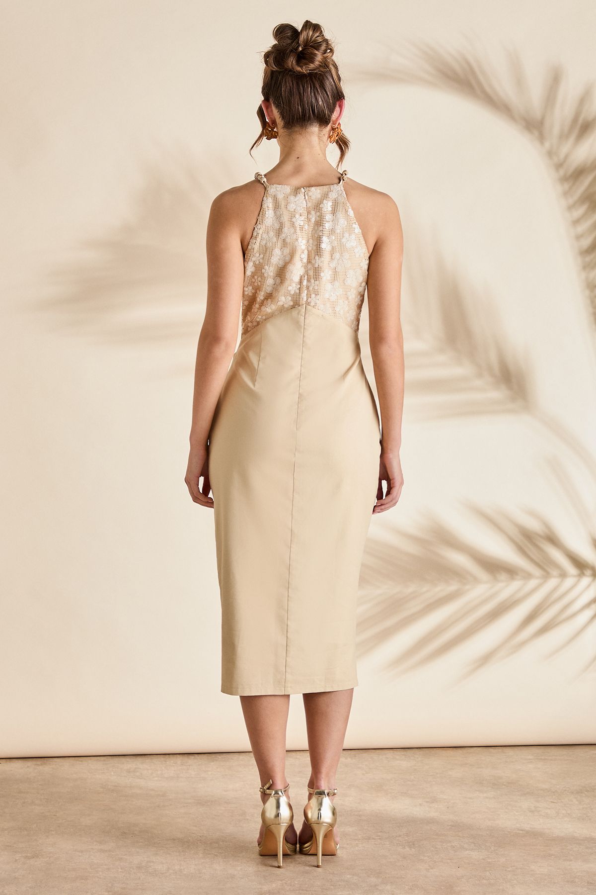 Coast Bead Detail Sequin Midi Holiday Dress Beige image 3