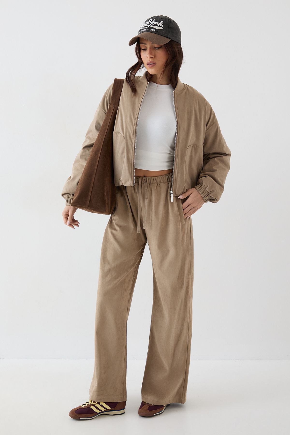 DSGN Studio DSGN Studio Faux Suede Padded Zip Through Bomber Jacket Stone image 3