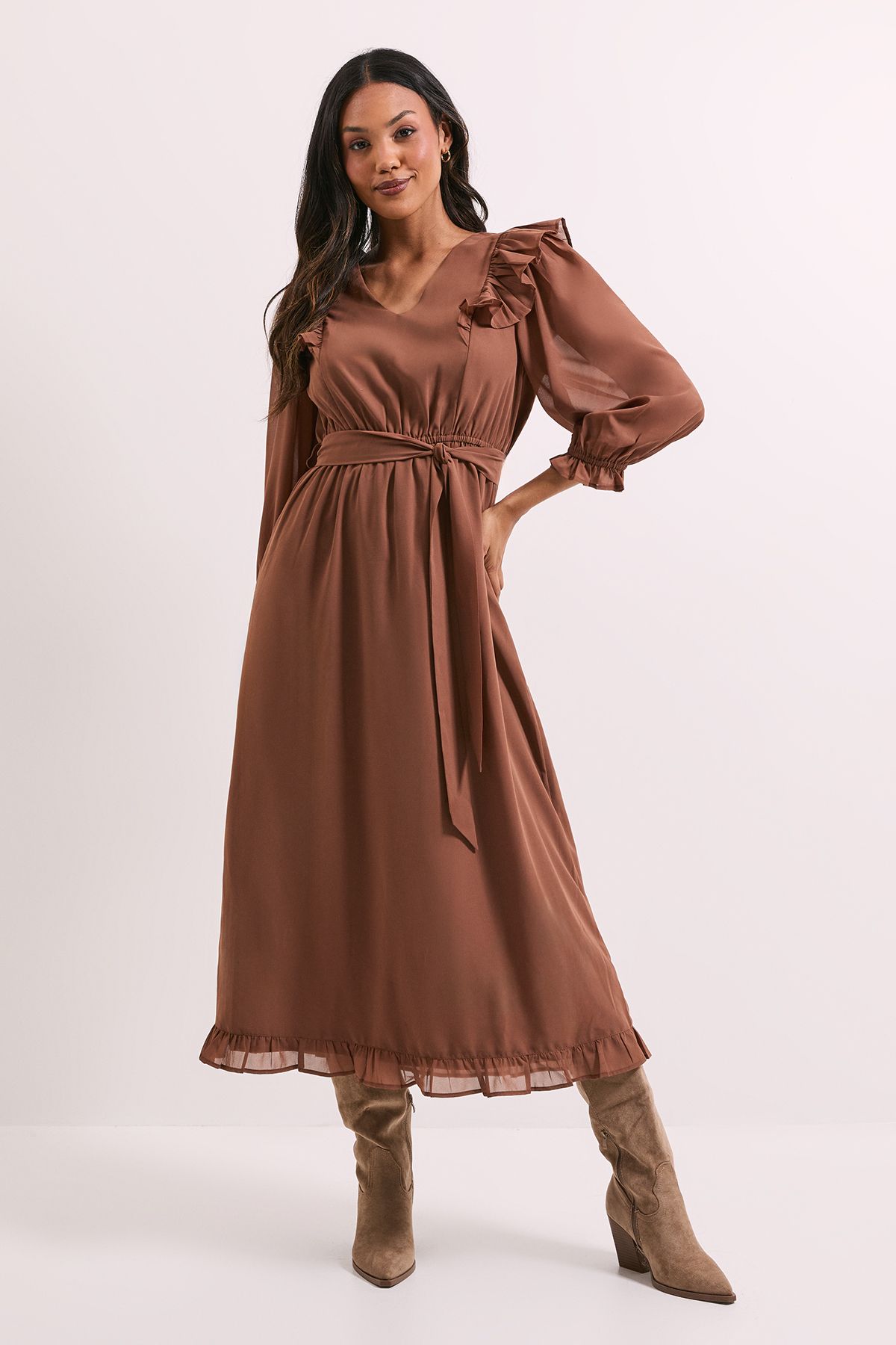 Dorothy Perkins Blouson Sleeve Frill Midi Dress Mocha image 1