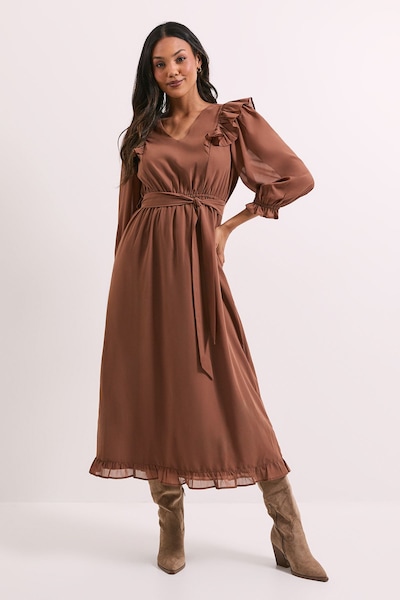 Dorothy Perkins Blouson Sleeve Frill Midi Dress Mocha