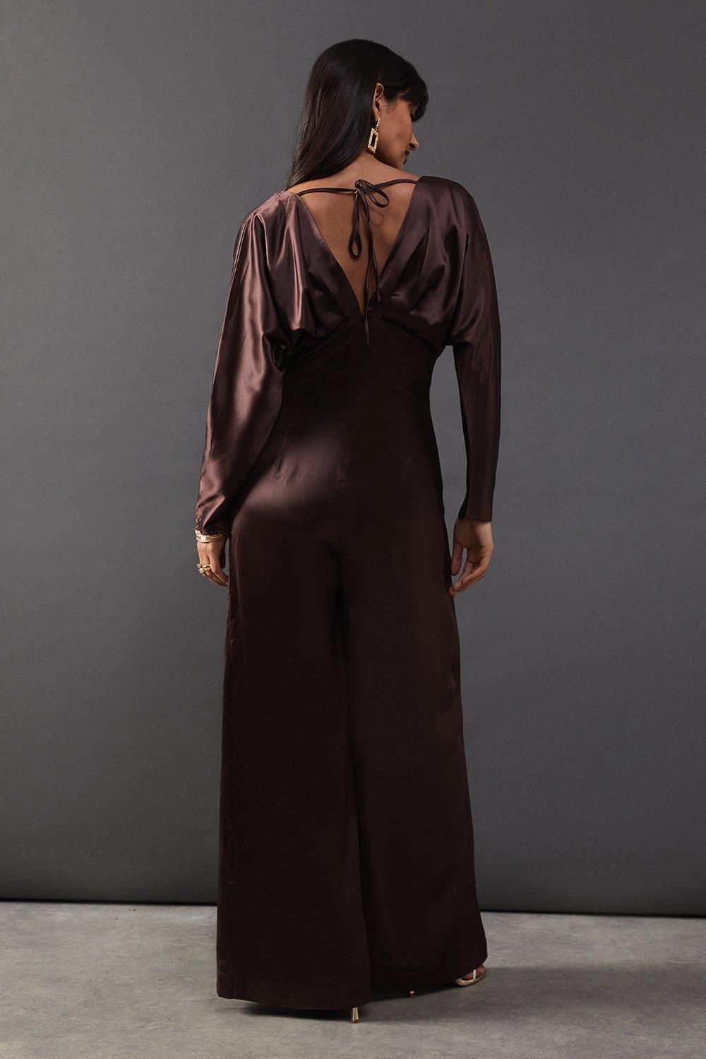 Warehouse Satin Batwing Wide Leg Jumpsuit Chocolate image 3
