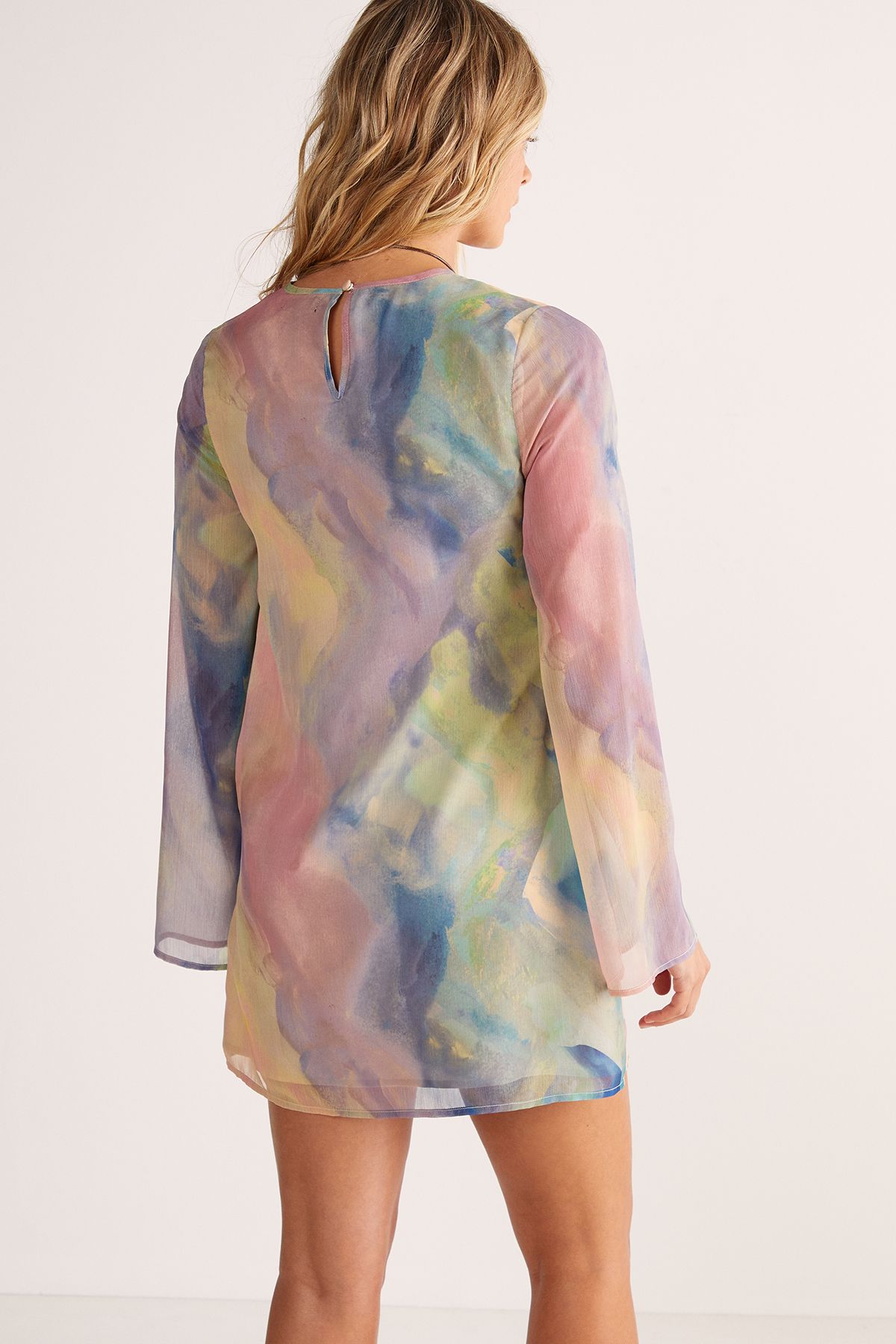 NastyGal Chiffon Marble Print Flared Sleeve Tunic Mini Dress Multi image 3