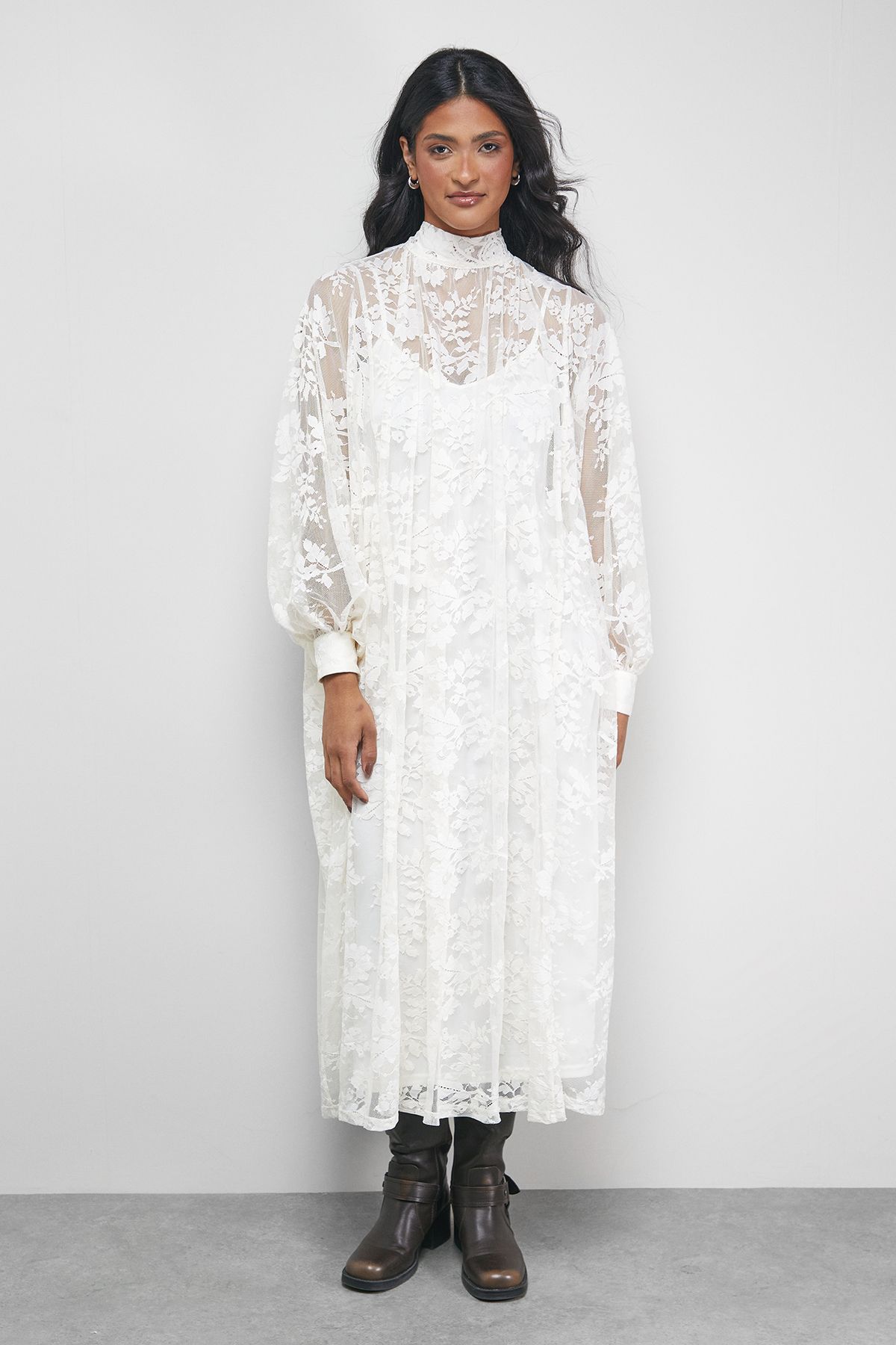 Warehouse Lace High Neck Smock Midi Dress Cream image 1