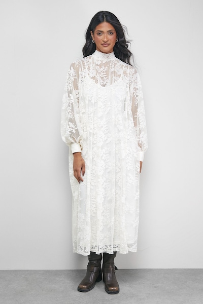 Warehouse Lace High Neck Smock Midi Dress Cream