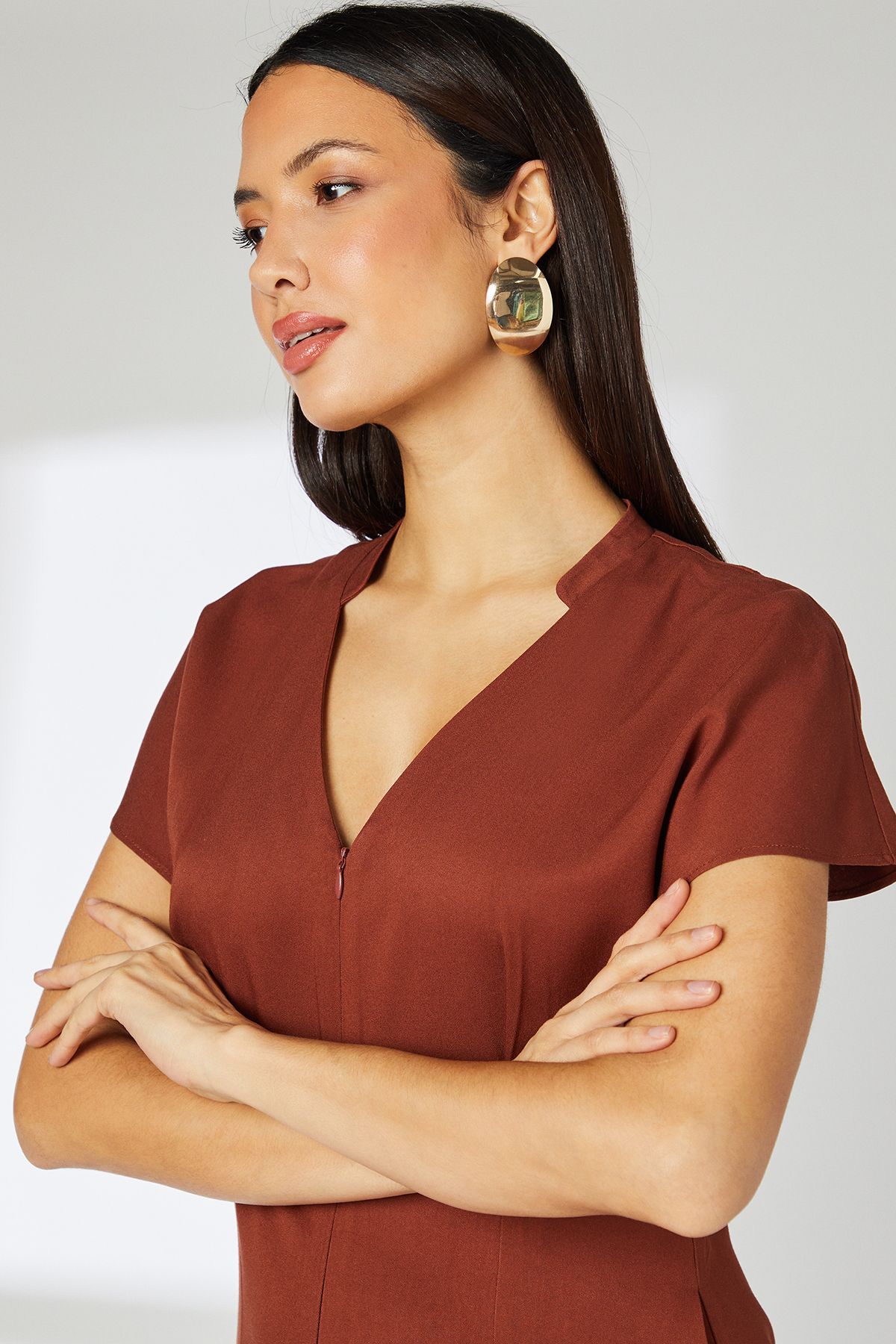 Principles Brown Seam Detail Viscose Midi Dress Chocolate image 3