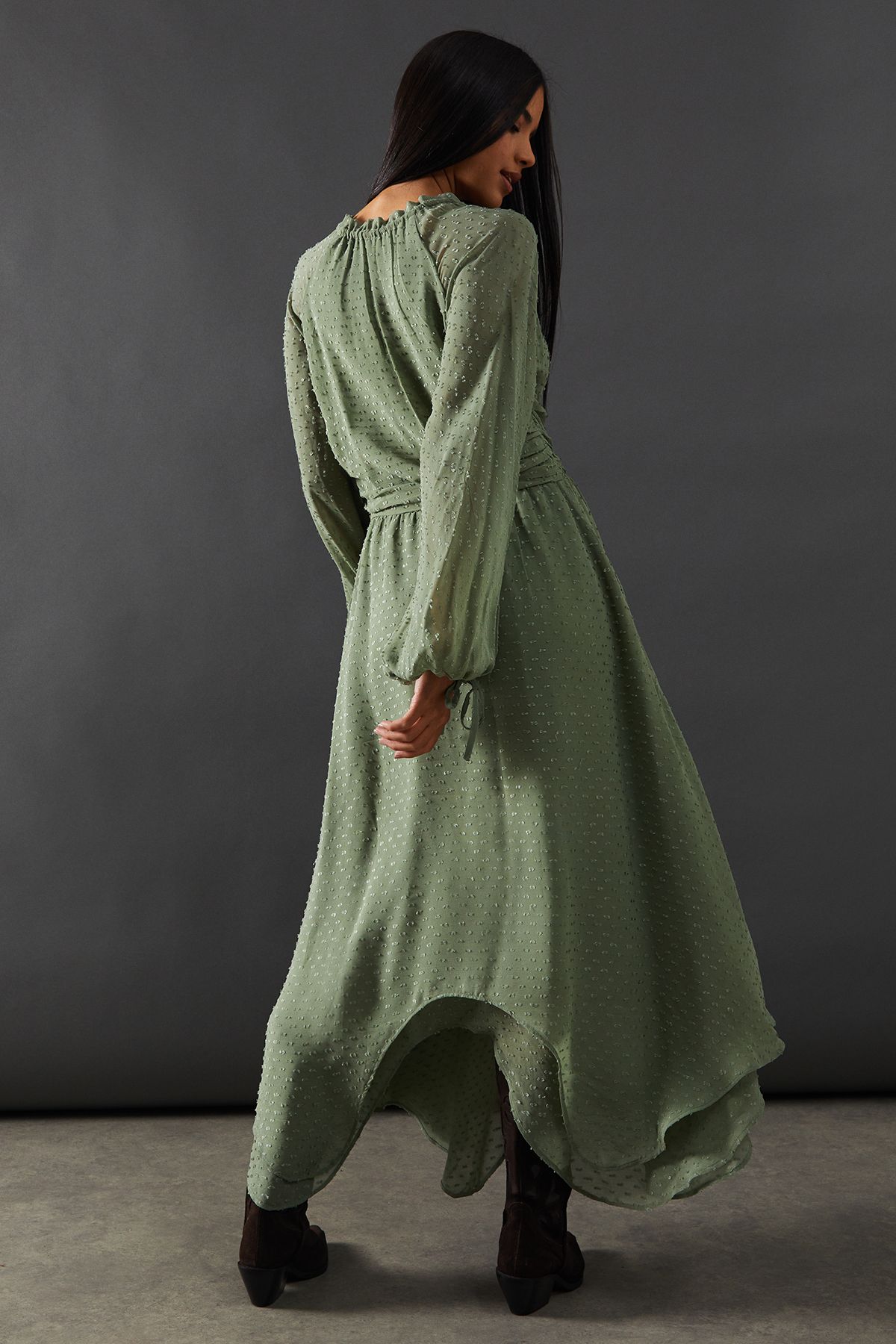 Warehouse Tufted Dobby Chiffon Button Front Tie Neck Hanky Hem Midi Dress Khaki image 3