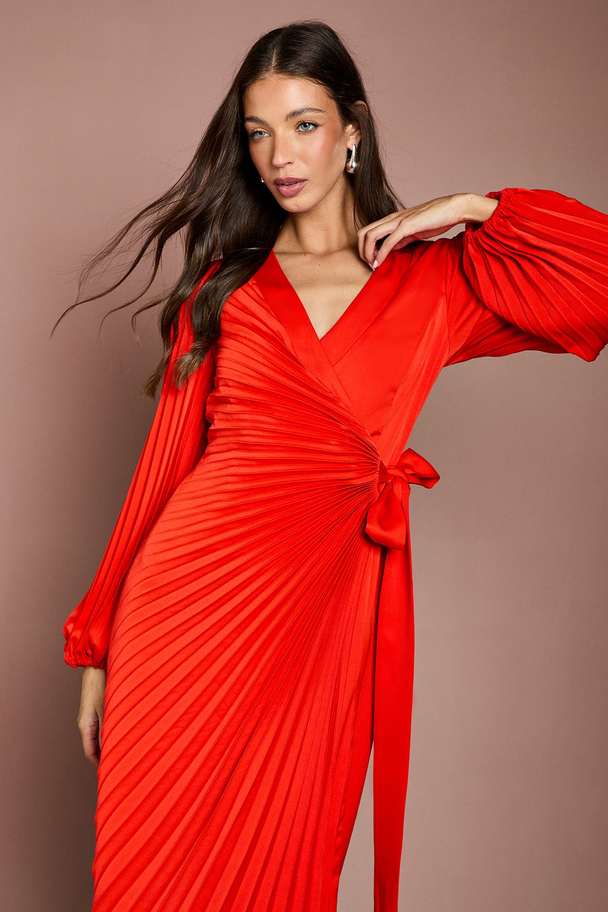 Coast Satin Pleated Wrap Dress Flame Red image 2