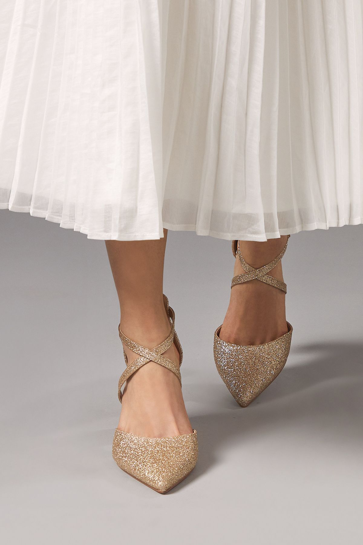 Coast Wide Fit Treat Faux Suede Cross Strap Pointed Block Heel Court Shoes Gold image 2