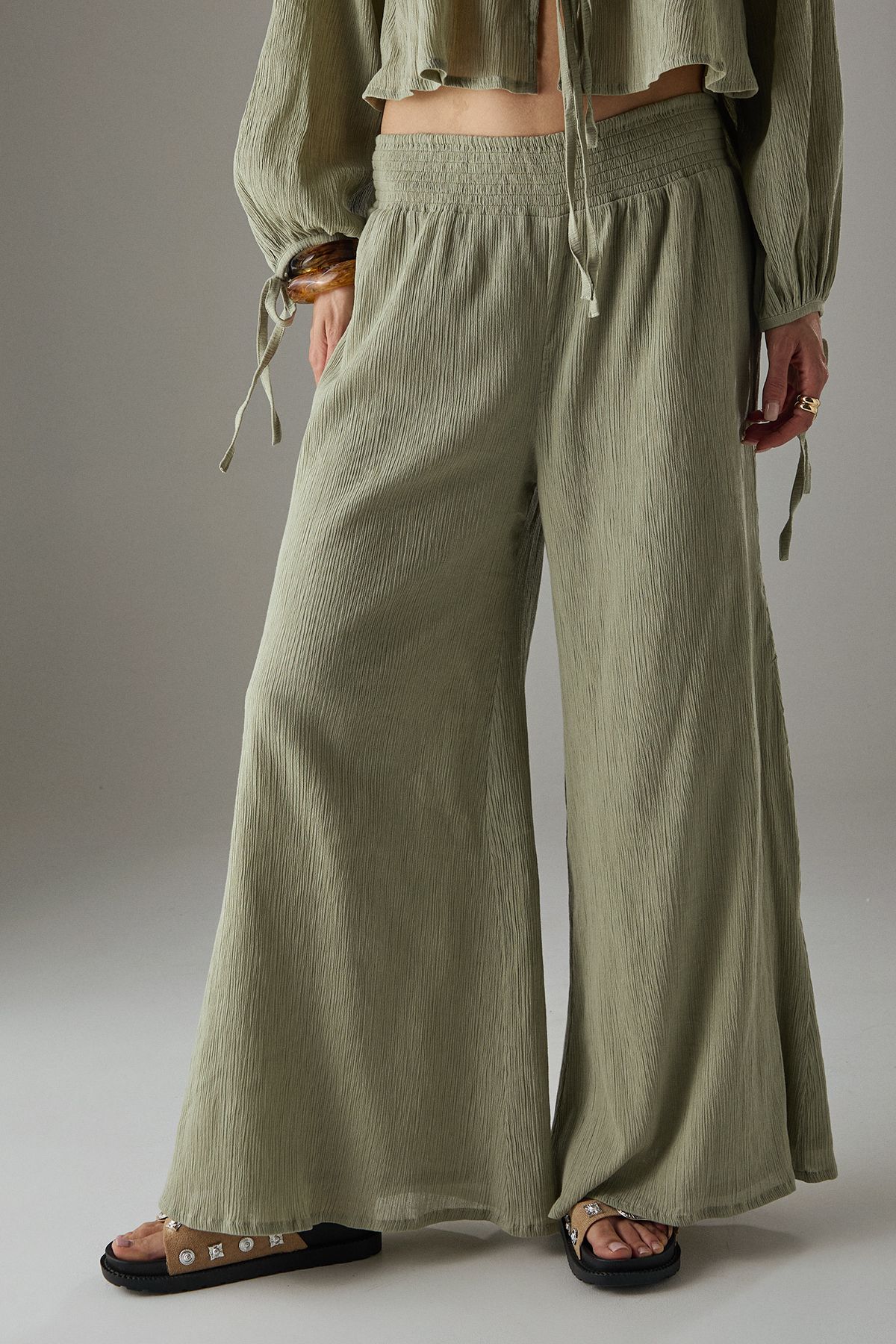 Warehouse Cheesecloth Shirred Waist Wide Leg Trousers Khaki image 2