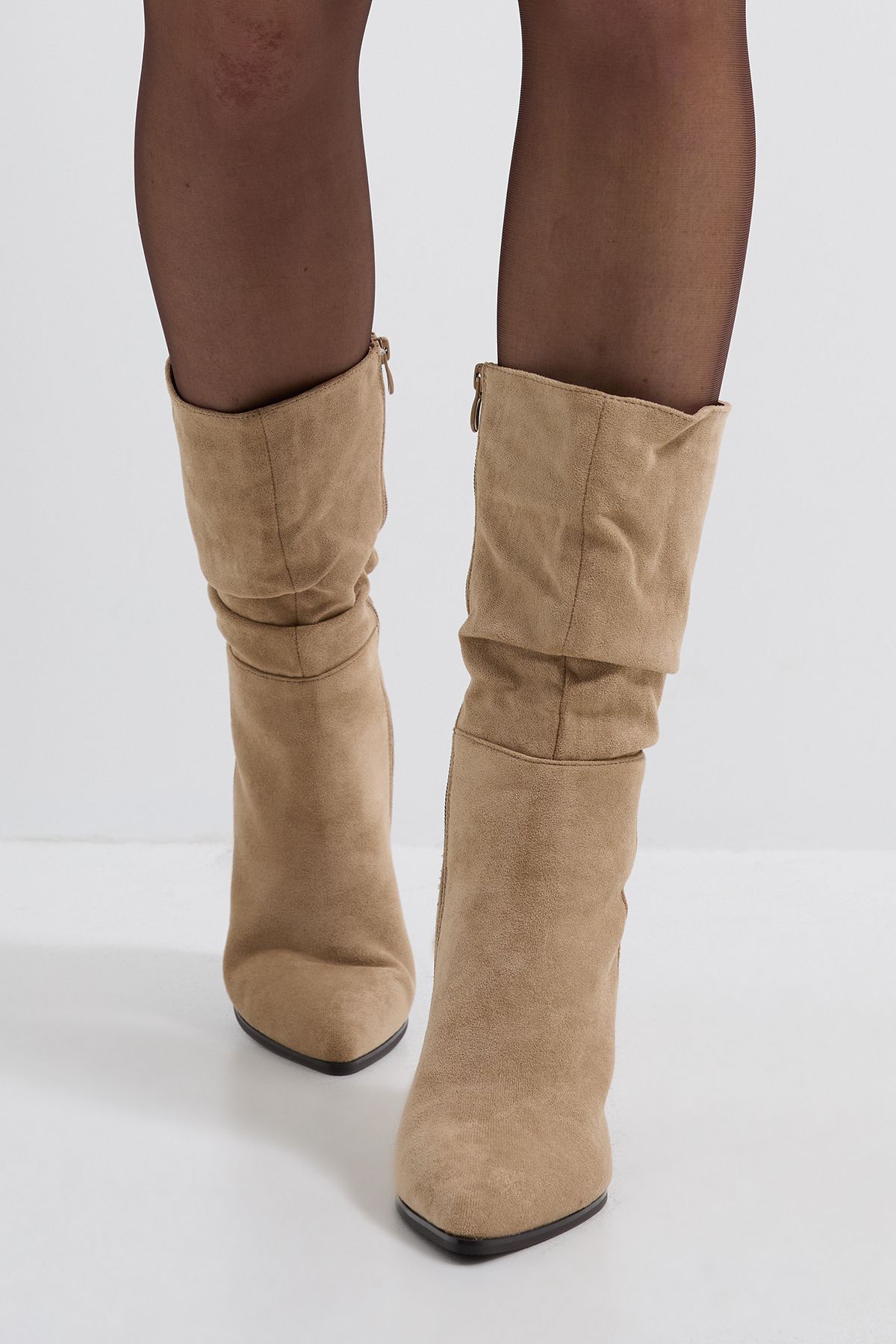 Dorothy Perkins Arina Faux Suede Ruche High Block Heel Calf Boots Beige image 2