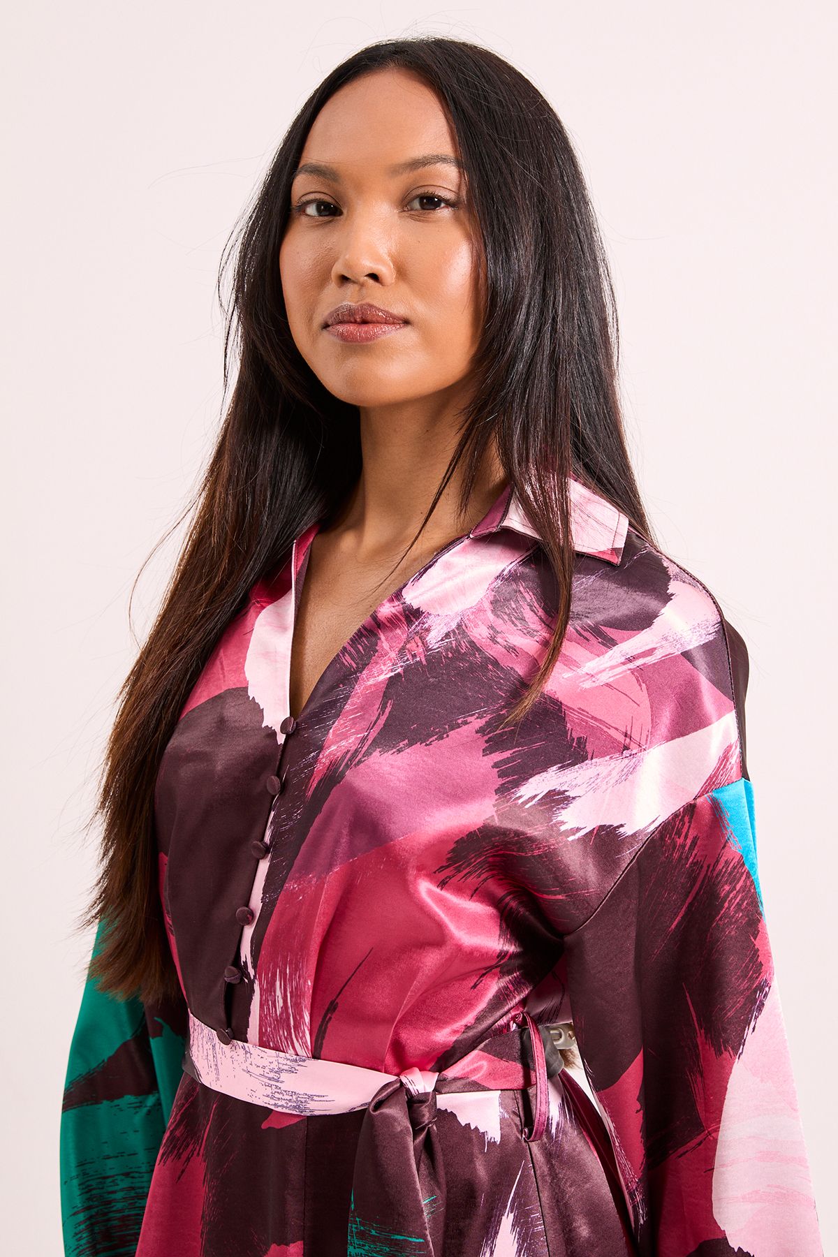Principles Printed Wrap Tie Waist Satin Shirt Dress Plum image 2