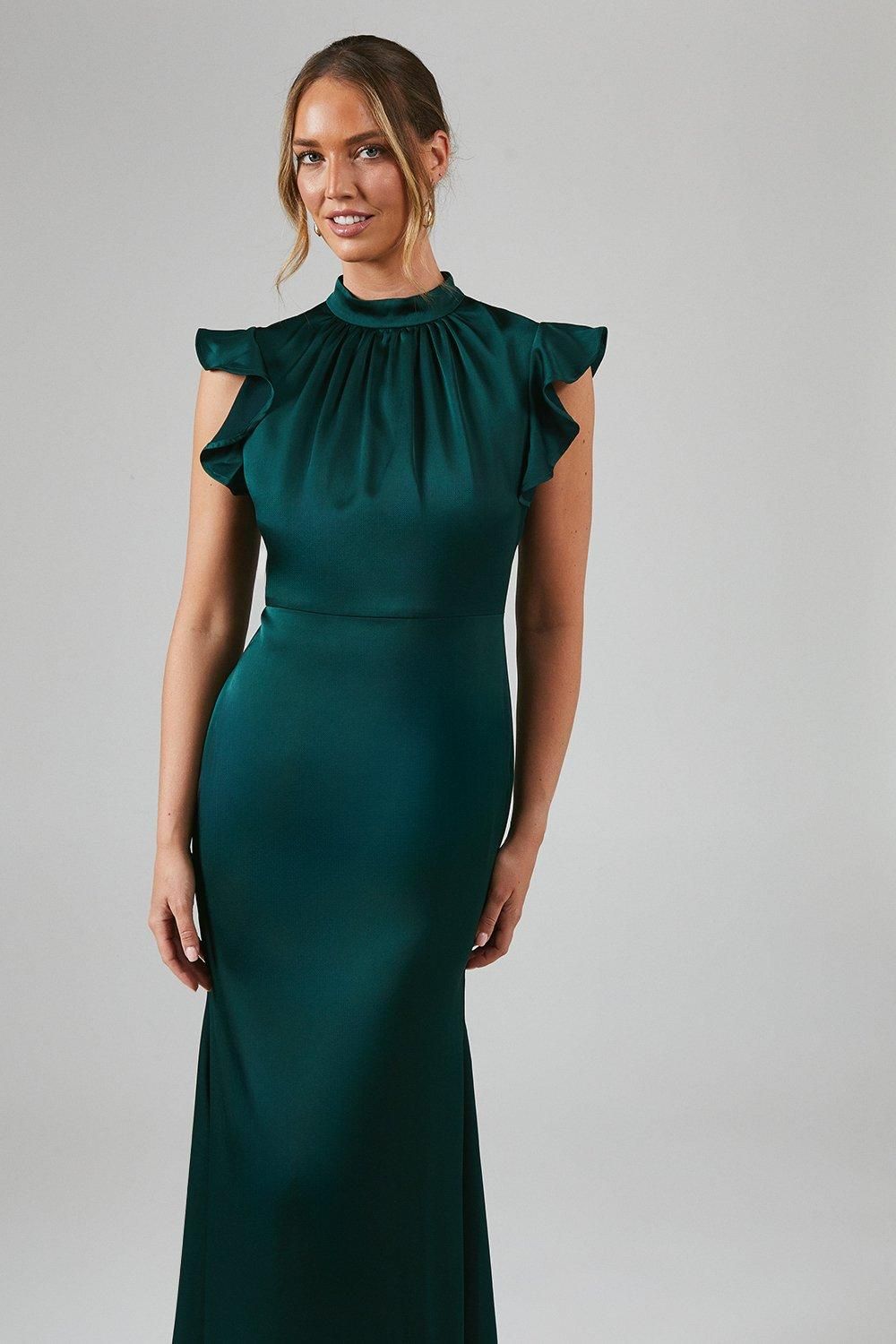 Coast Flutter Sleeve High Neck Satin Bridesmaid Maxi Dress Emerald image 2