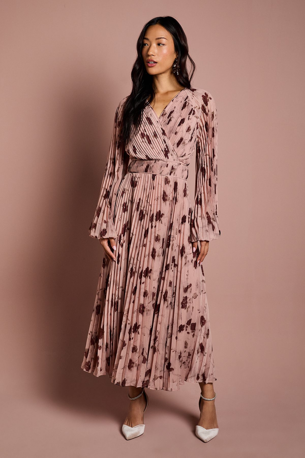 Coast Long Sleeve Chiffon Pleated Wrap Midi Dress Blush image 1
