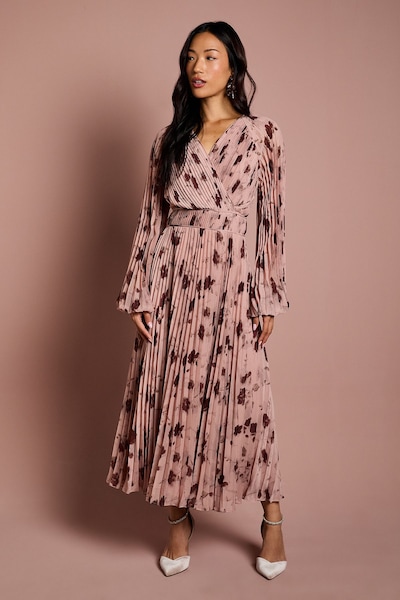 Coast Long Sleeve Chiffon Pleated Wrap Midi Dress Blush