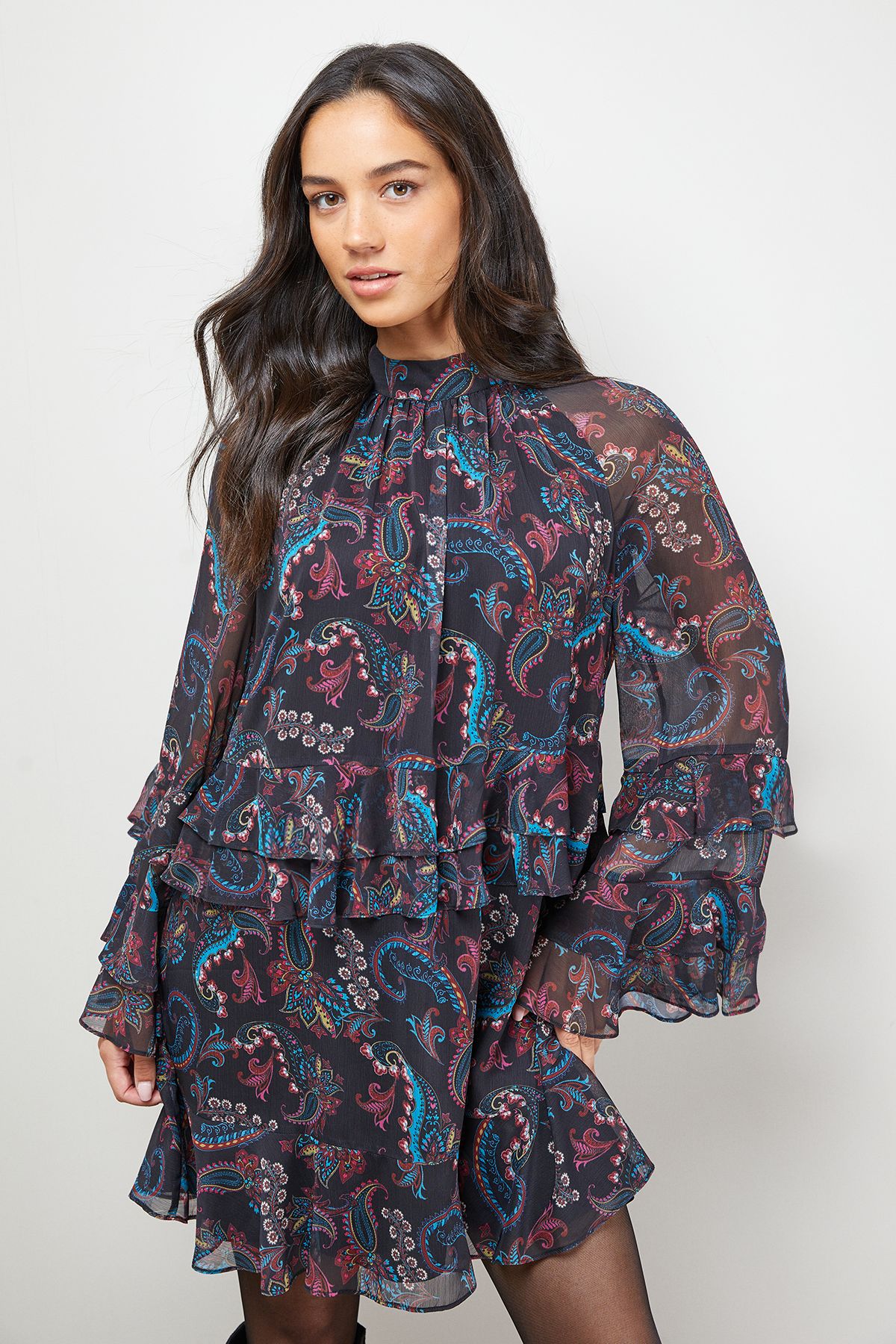 Oasis Layered Ruffle Sleeve Bow Back Mini Dress Multi image 1