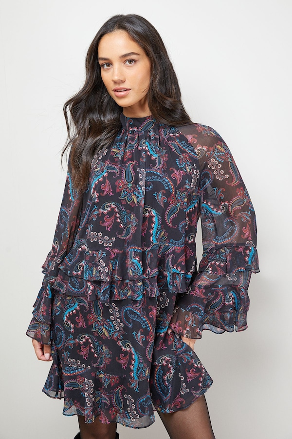 Oasis Layered Ruffle Sleeve Bow Back Mini Dress Multi