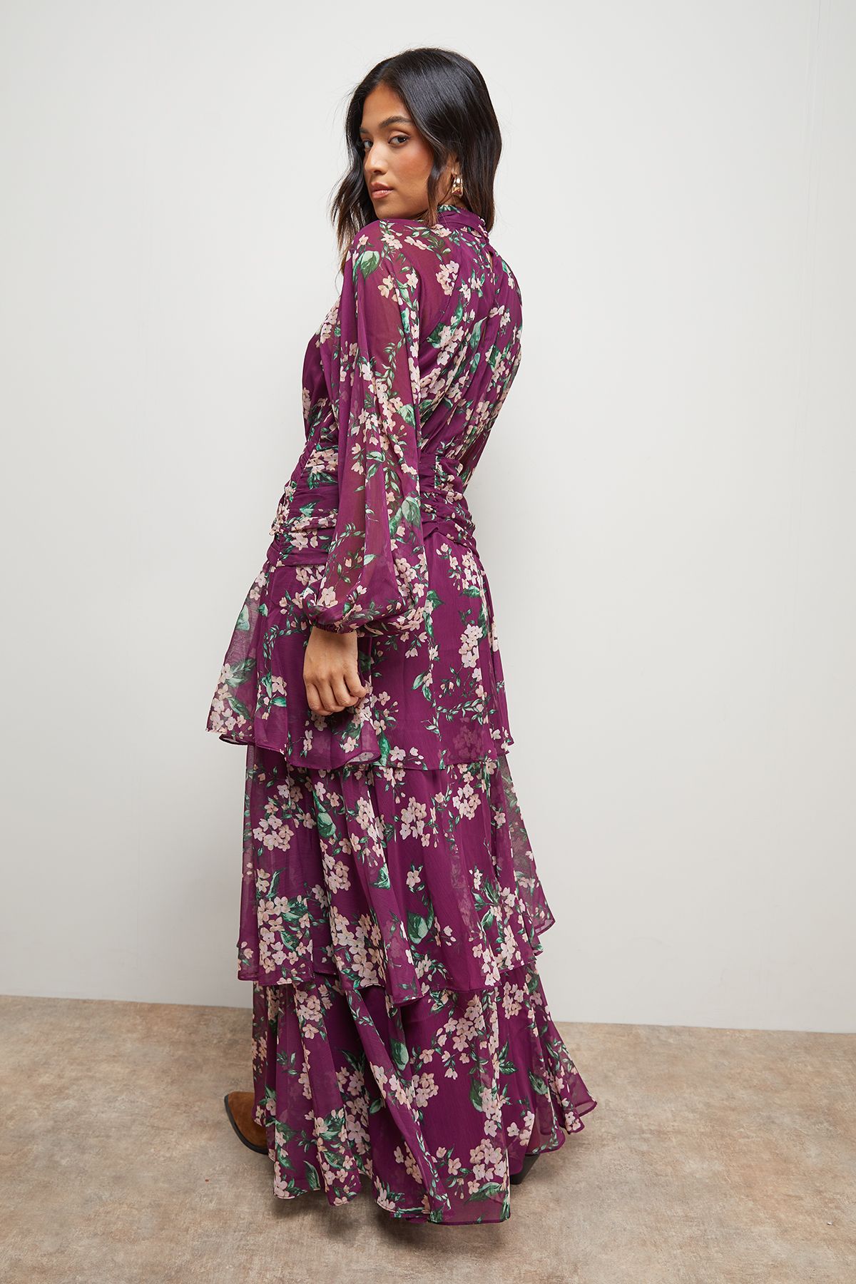 Oasis Petite Printed Ruffle Tiered High Neck Maxi Dress Purple image 3