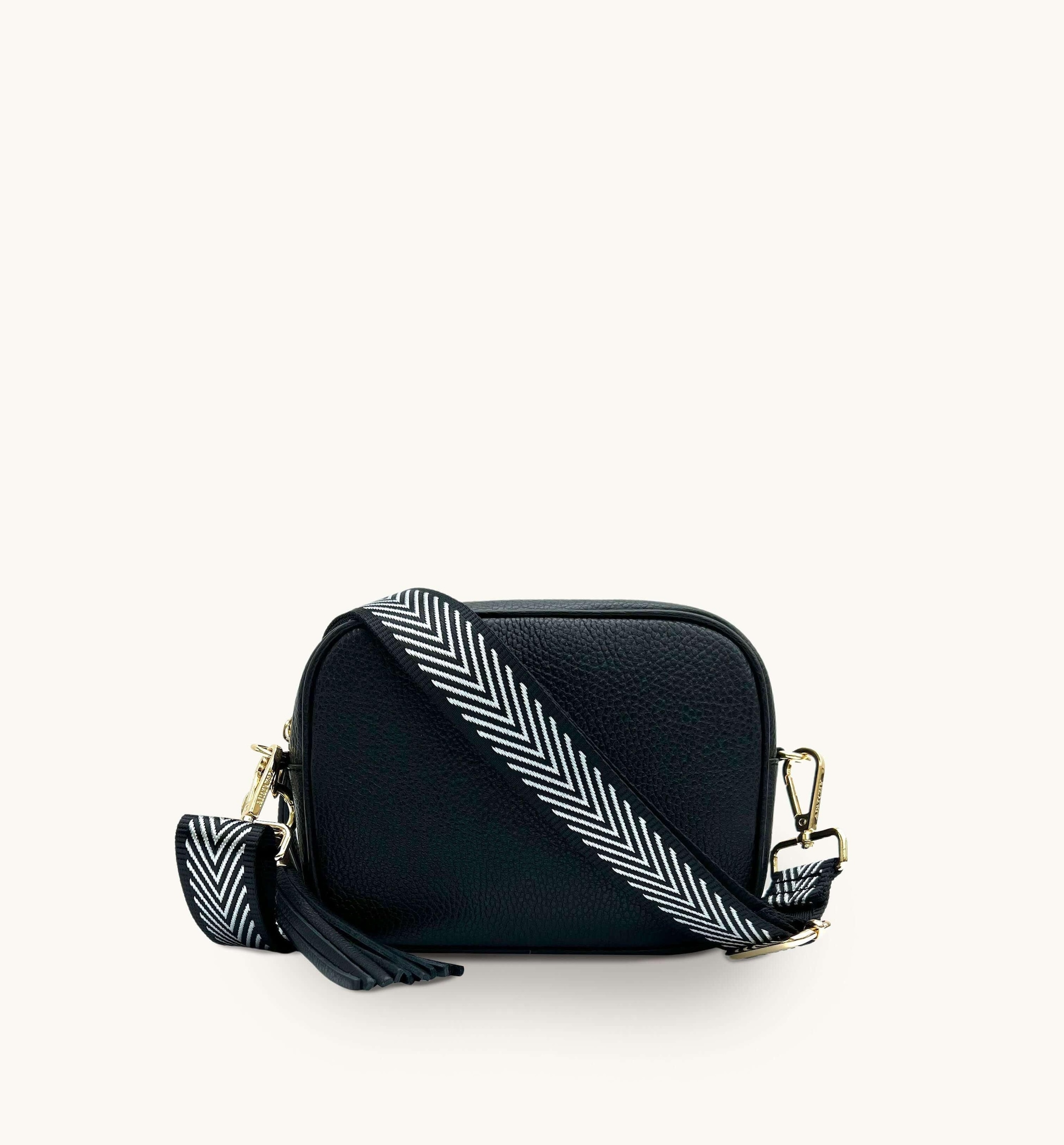 Apatchy London Black Leather Crossbody Bag With Black & Silver Chevron Strap image 1