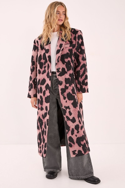 NastyGal Oversized Animal Leopard Wool Blend Tailored Coat Pink