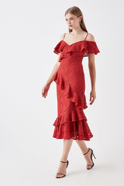 Coast Sophie Habboo Asymmetric Lace Midi Dress Red