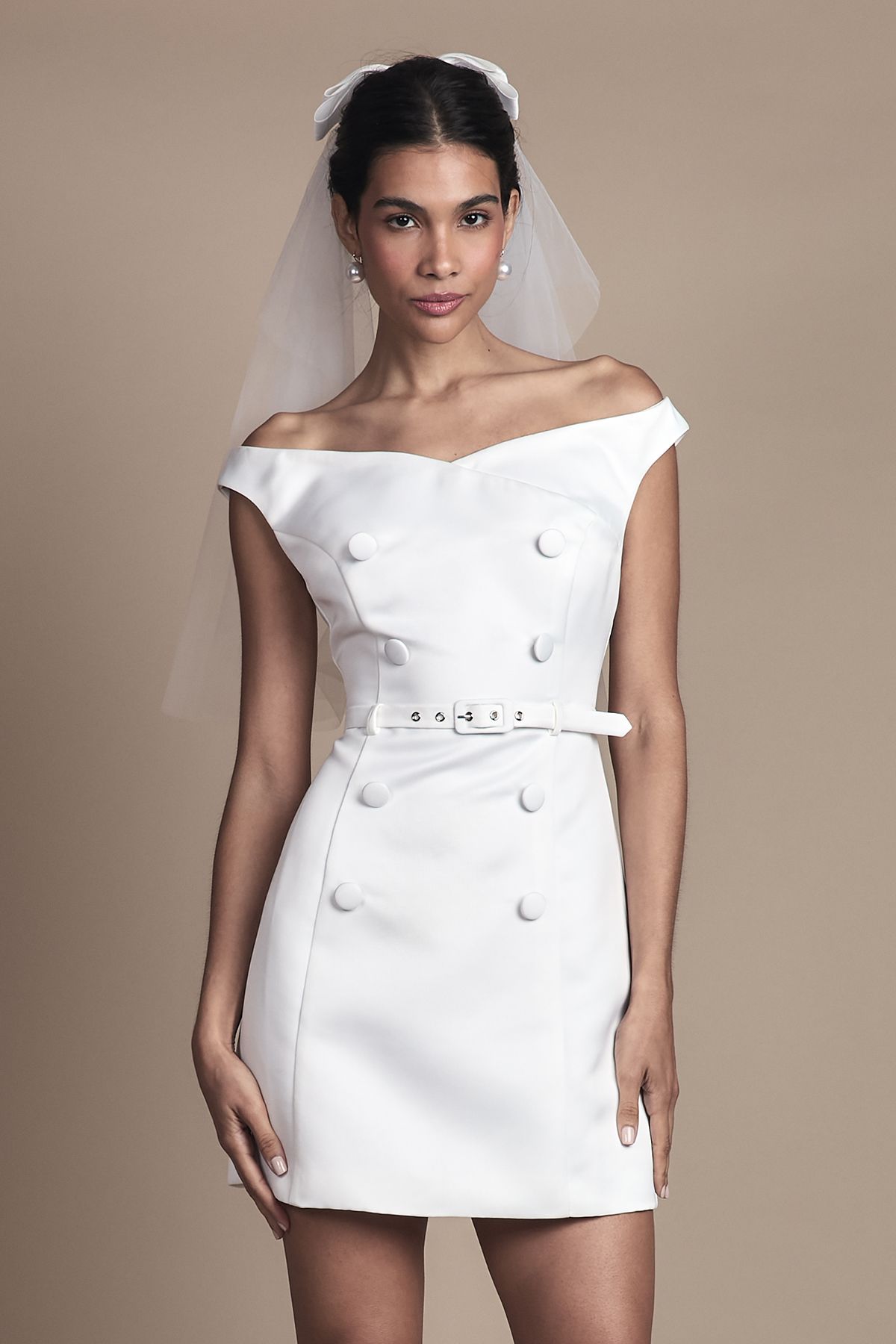 Coast Bardot Fit and Flare Button Detail Mini Wedding Dress Ivory image 2