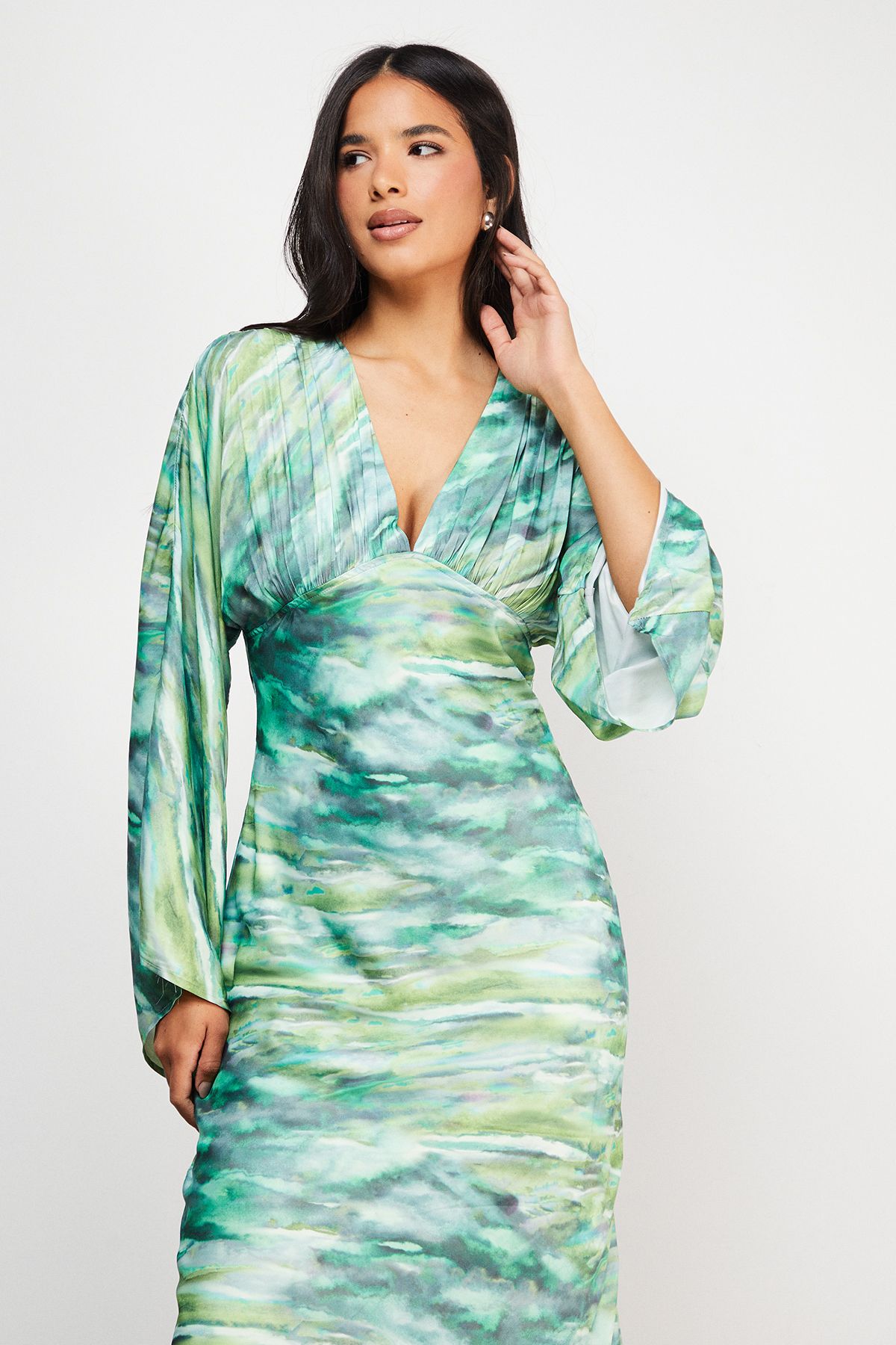 Warehouse Flare Sleeve Plunge Satin Midi Dress Green image 2