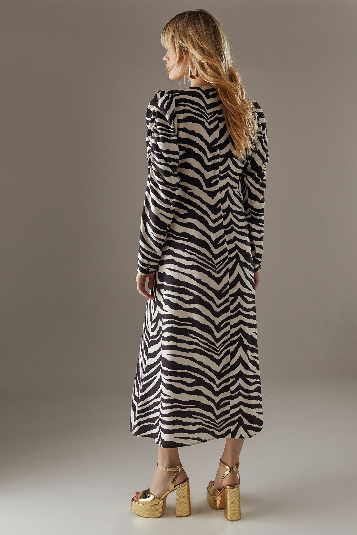Warehouse Zebra Viscose V Neck Long Puff Sleeve Midi Dress Zebra image 3