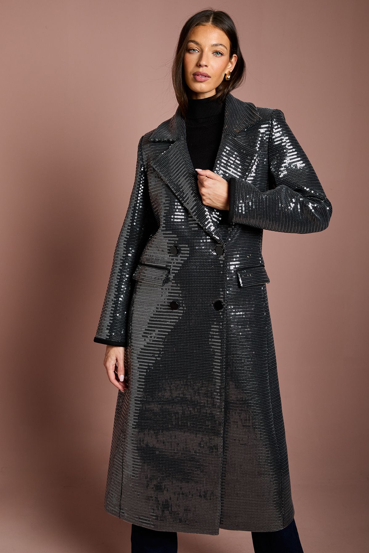 Coast Faux Fur Collar Sequin Longline Coat Black image 2