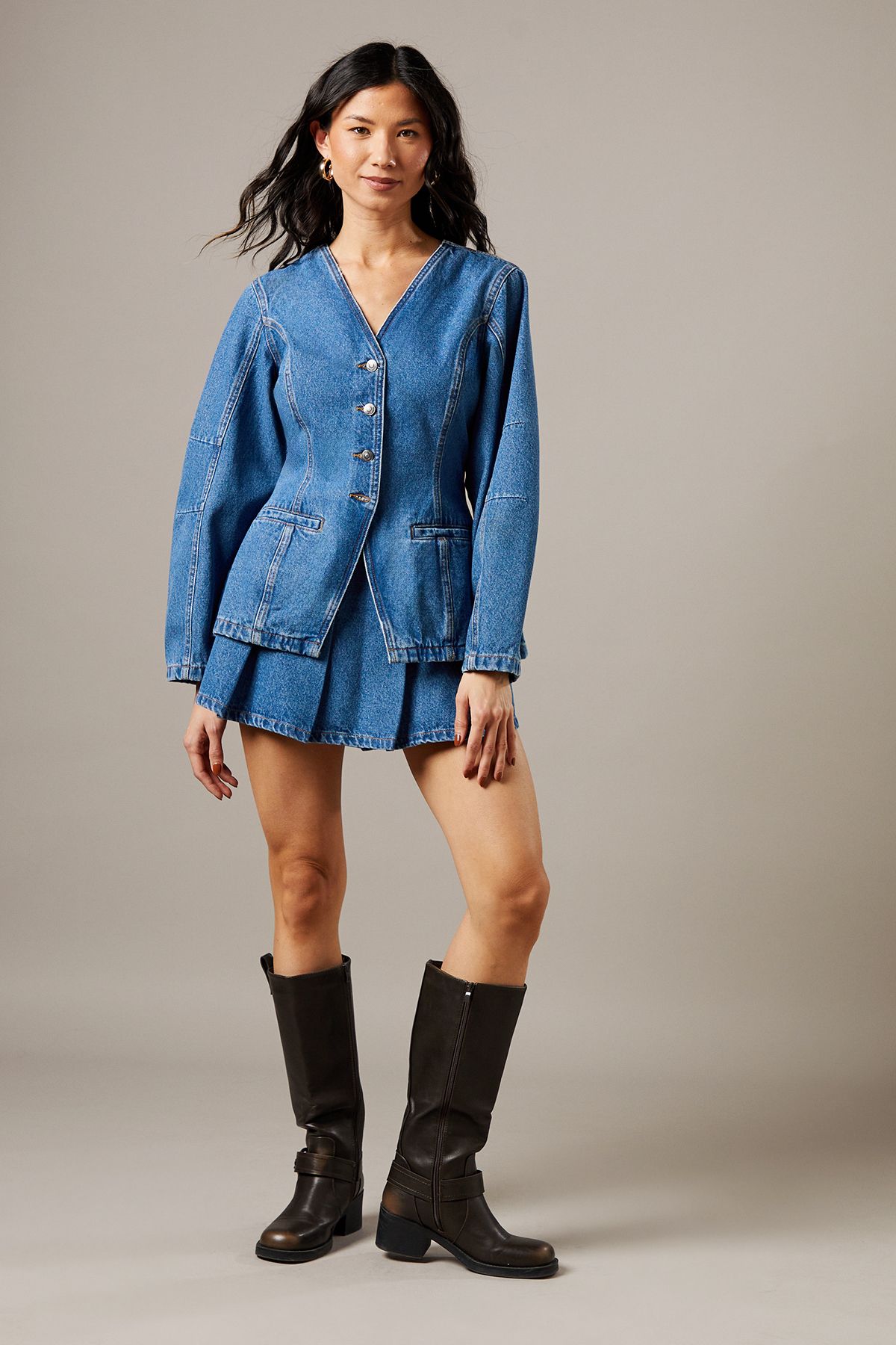 Warehouse Balloon Sleeve Nipped Waist Denim Jacket Mid Wash image 2