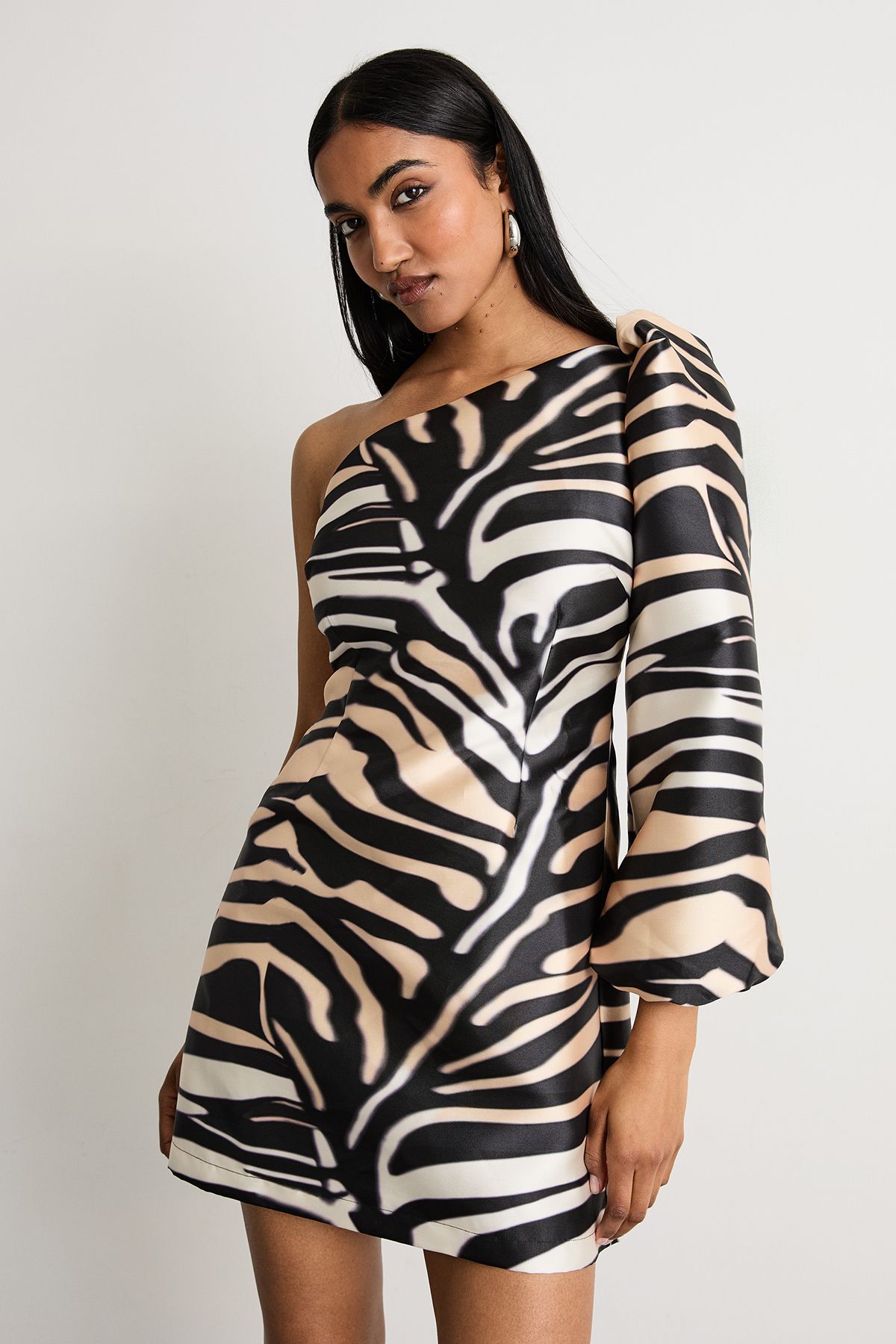 Warehouse One Shoulder Puff Sleeve Mini Dress Zebra image 1