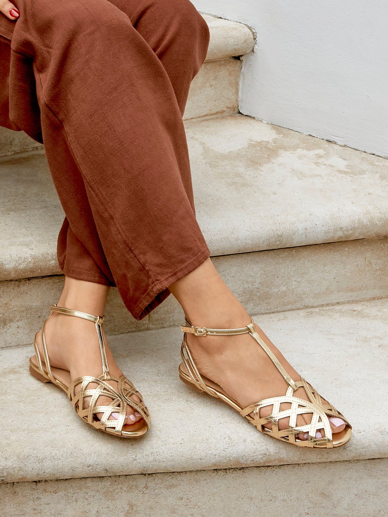 Linzi Santi Gold Faux Leather Caged Flat Sandal image 2