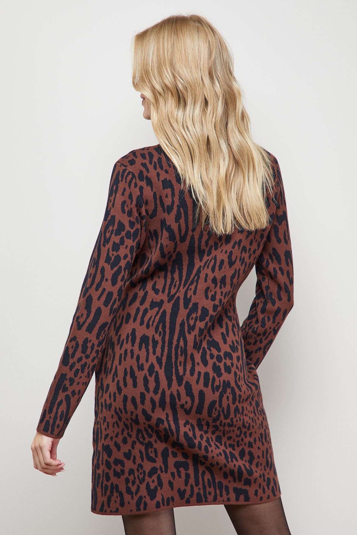 Oasis Leopard Print High Neck Knitted Mini Dress Chocolate image 3