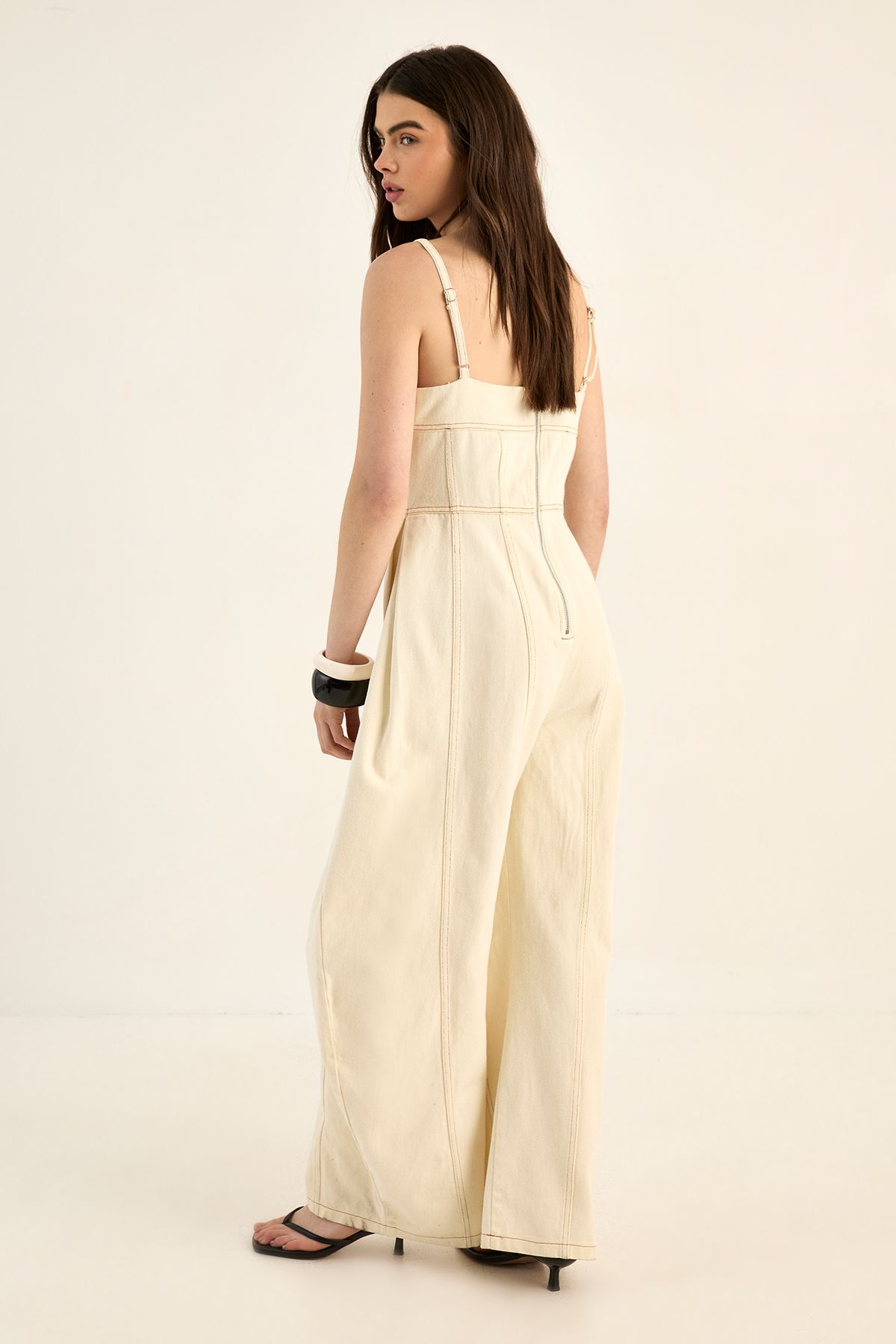NastyGal Strappy Seam Detail Wide Leg Denim Jumpsuit Ecru image 4