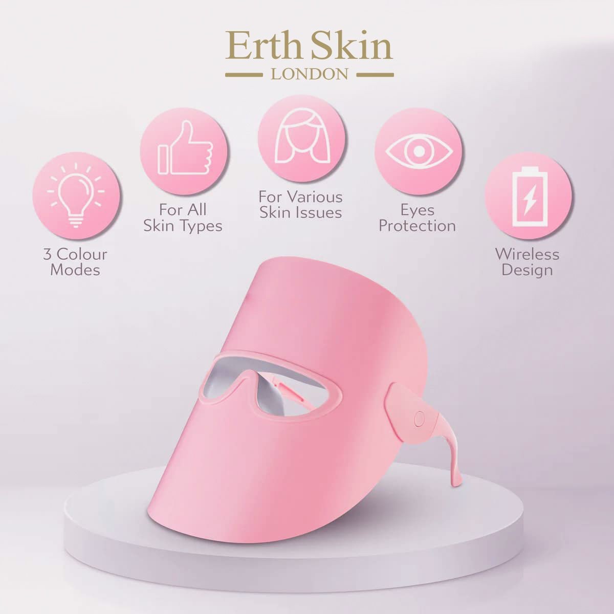 Erth Skin London LED Light Therapy Glow & Renew Mask - 3 Color Modes/Pink image 4