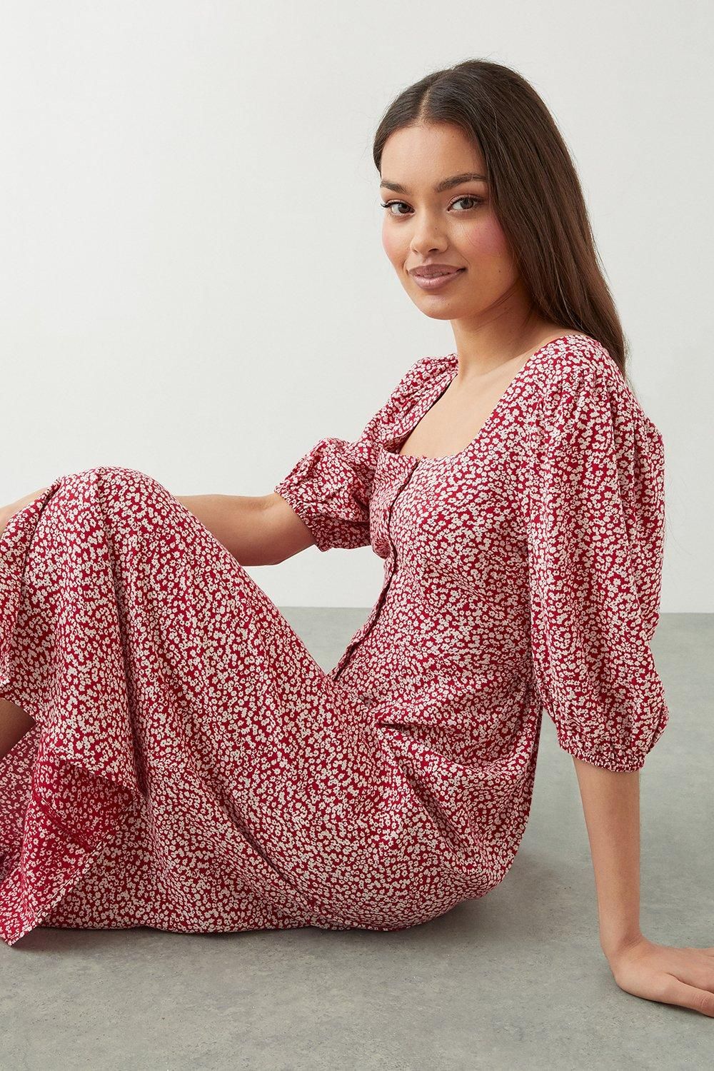 Dorothy Perkins Petite Red Ditsy Floral Button Through Midi Dress Red image 1