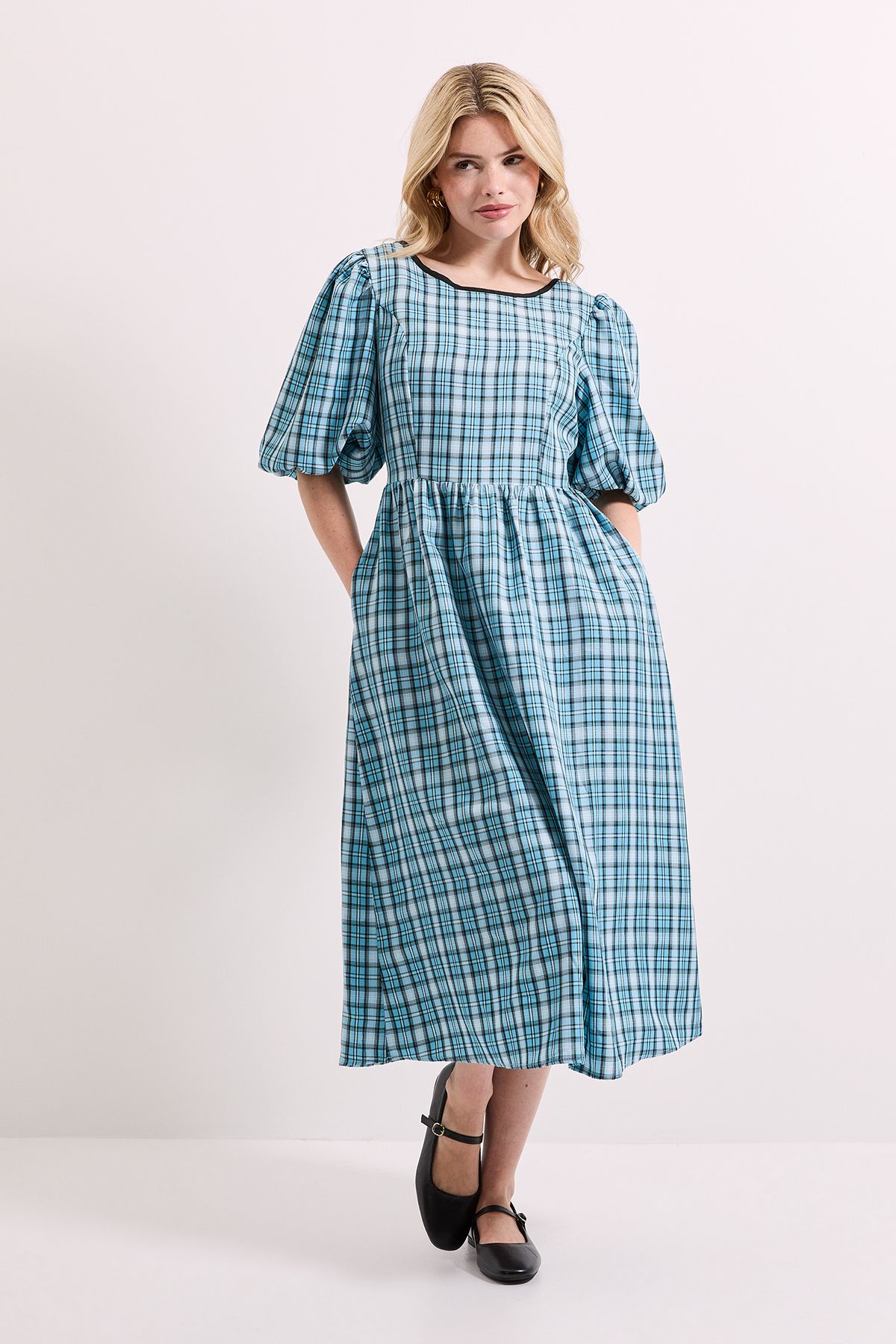 Dorothy Perkins Gingham Puff Sleeve Tie Back Midi Dress Blue image 2