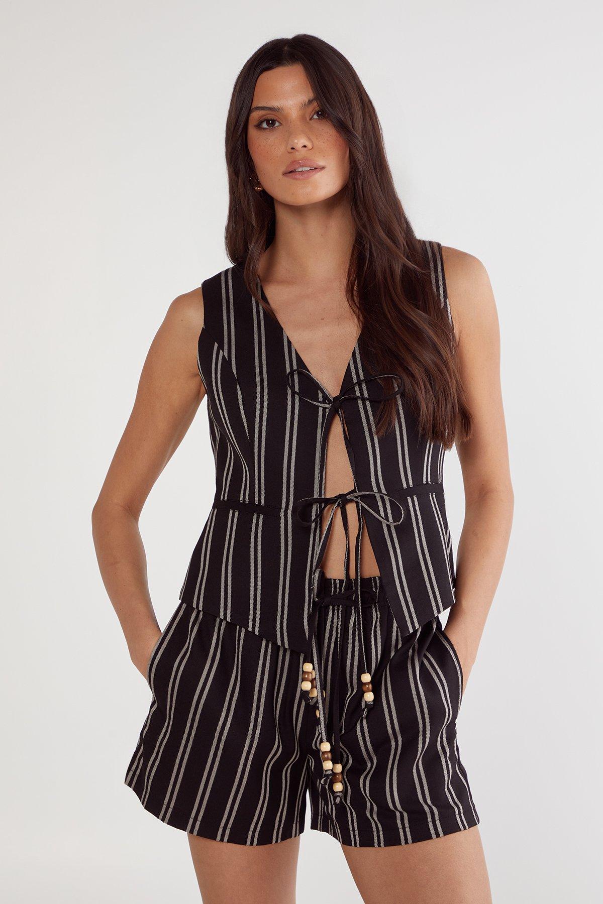 NastyGal (Az) Stripe Tailored Beaded Tie Front Vest Black image 1