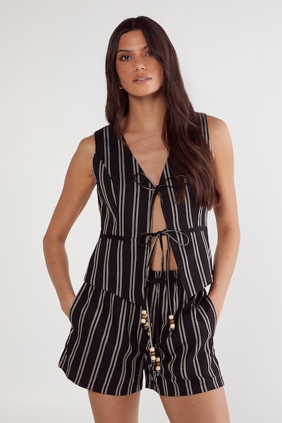 NastyGal (Az) Stripe Tailored Beaded Tie Front Vest Black