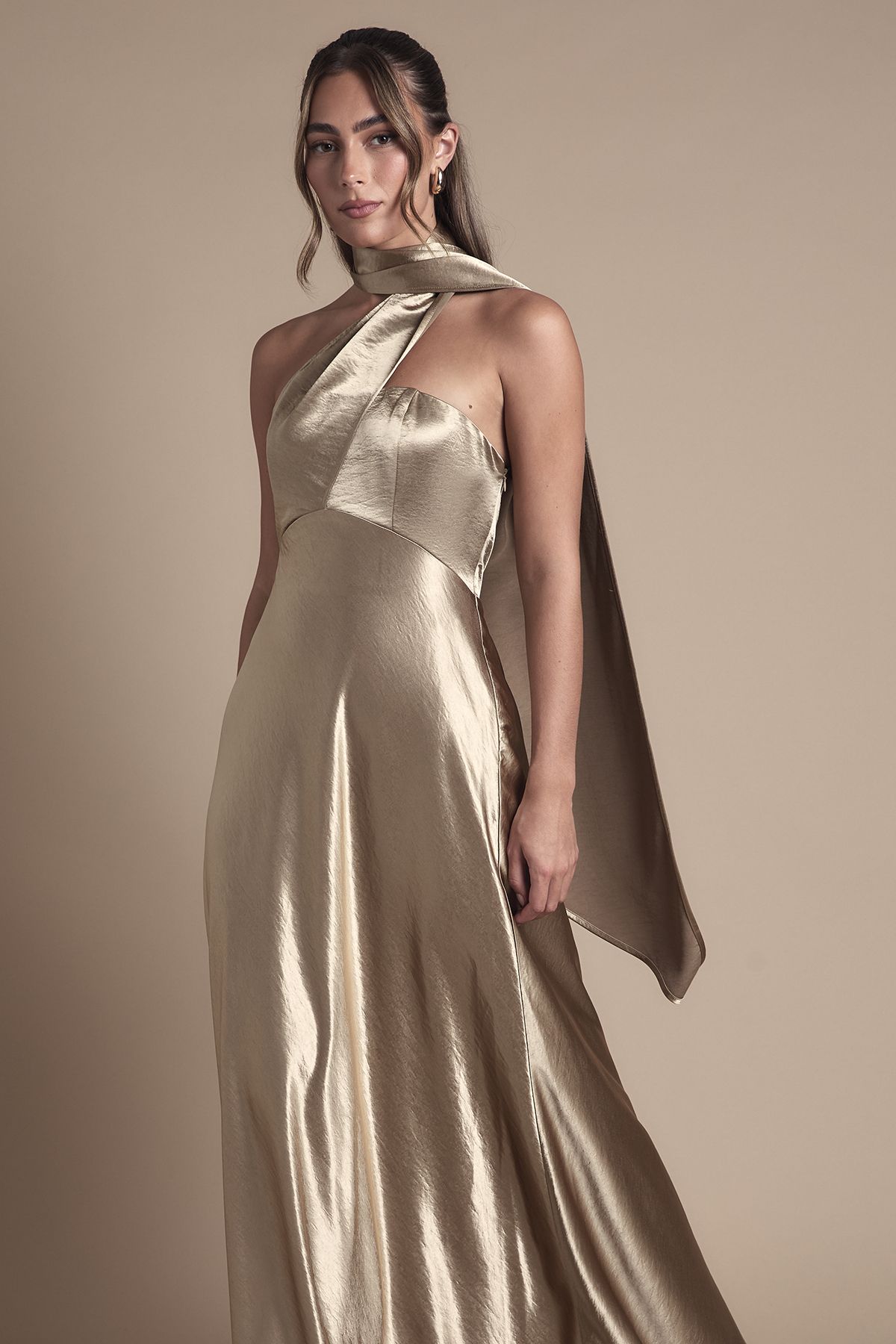 Coast Satin Scarf Detail Maxi Bridesmaid Dress Metallic Gold image 2