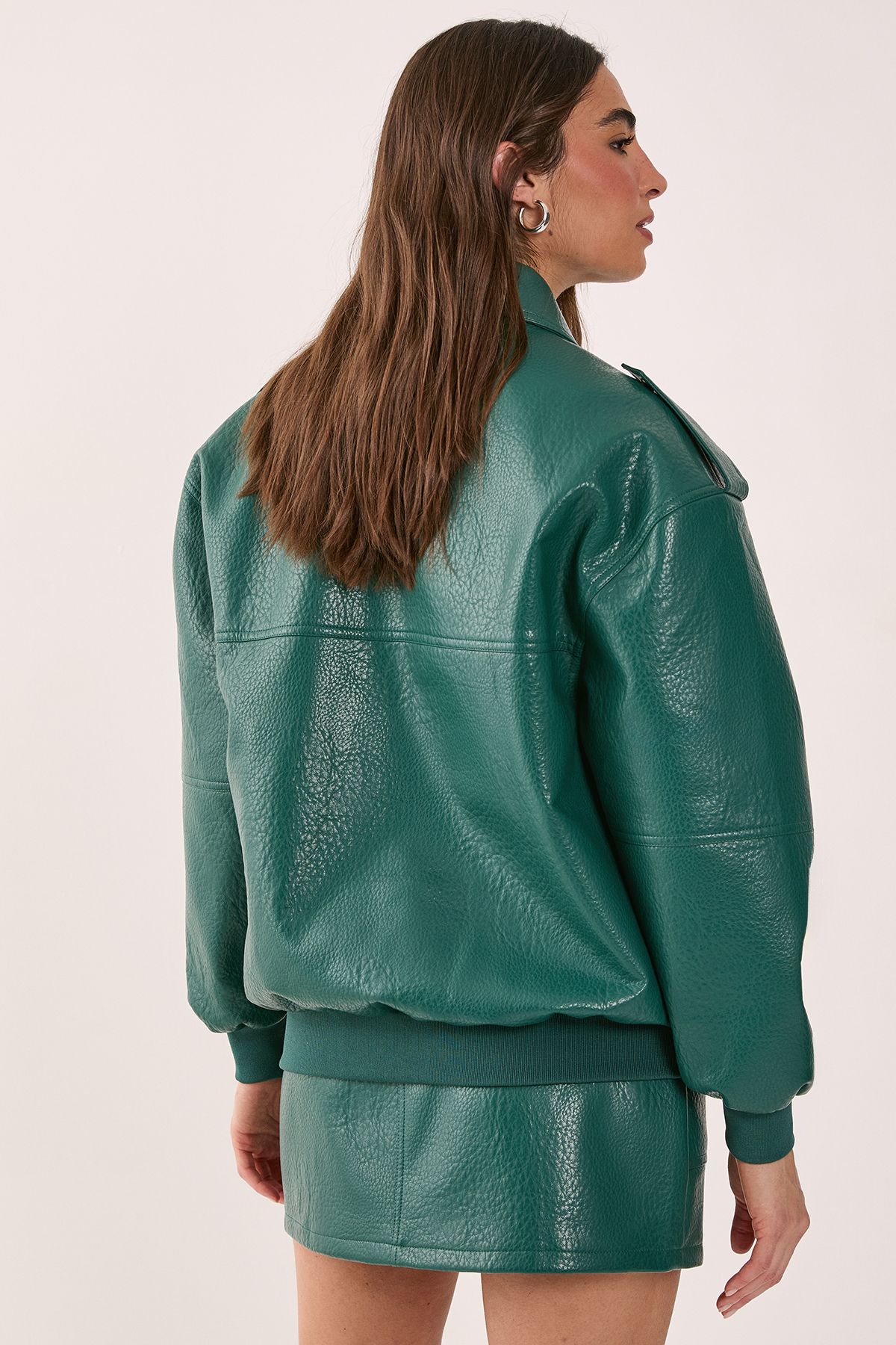 NastyGal Textured Faux Leather Zip Through Bomber Jacket Forest image 3
