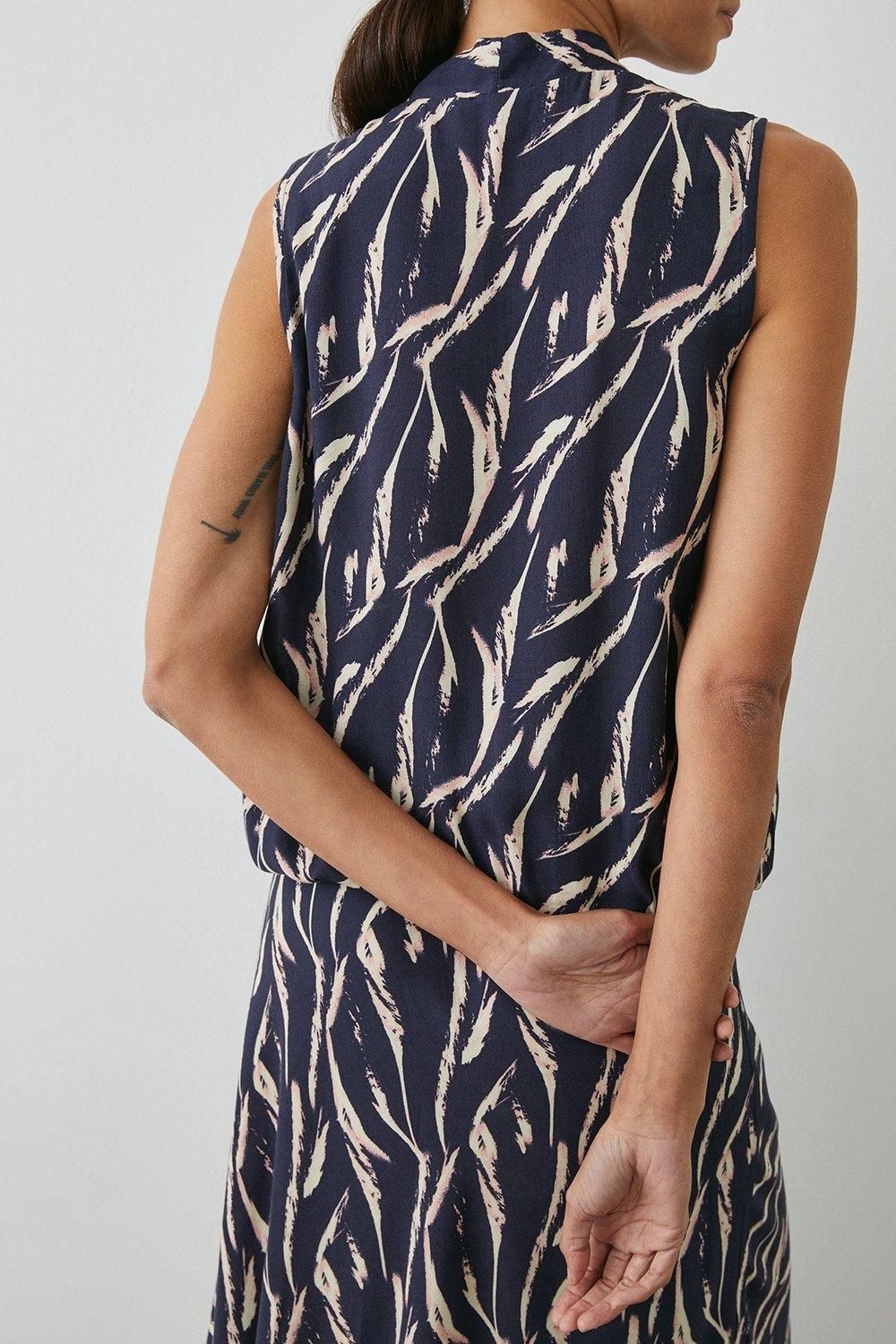 Principles Navy Feather Print Sleeveless Gather Detail Wrap Top Navy image 4