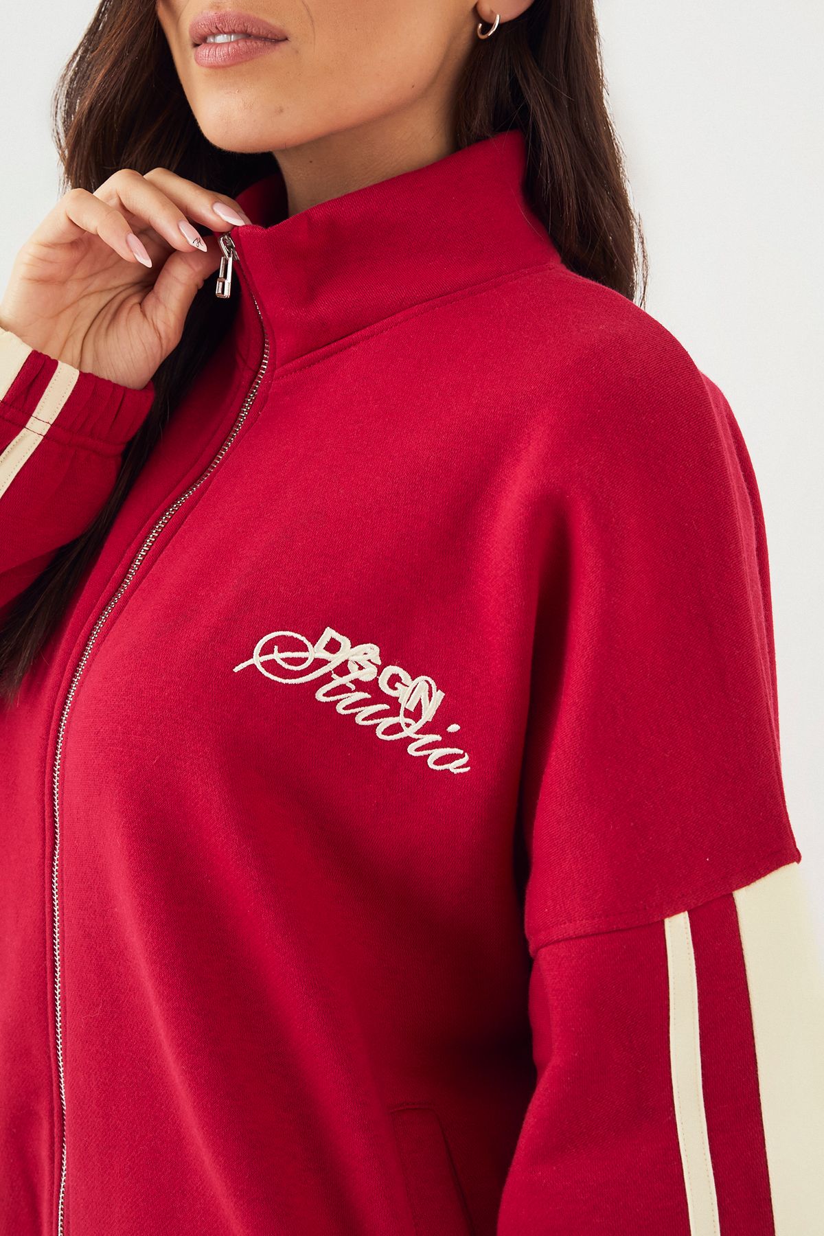 DSGN Studio DSGN Studio Side Stripe Funnel Neck Oversized Bomber Sweatshirt Red image 4