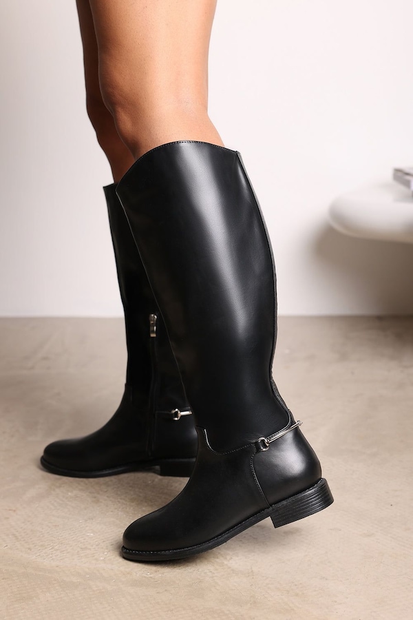 Where's That From 'Nyla' Knee High Boots With Low Flat Heel And Back Buckle Detail