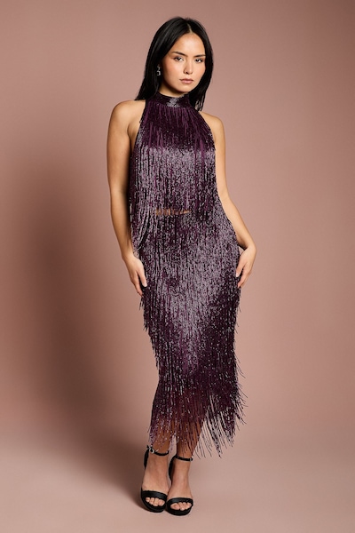 Coast Petite Fringe Embellished Midi Skirt Plum