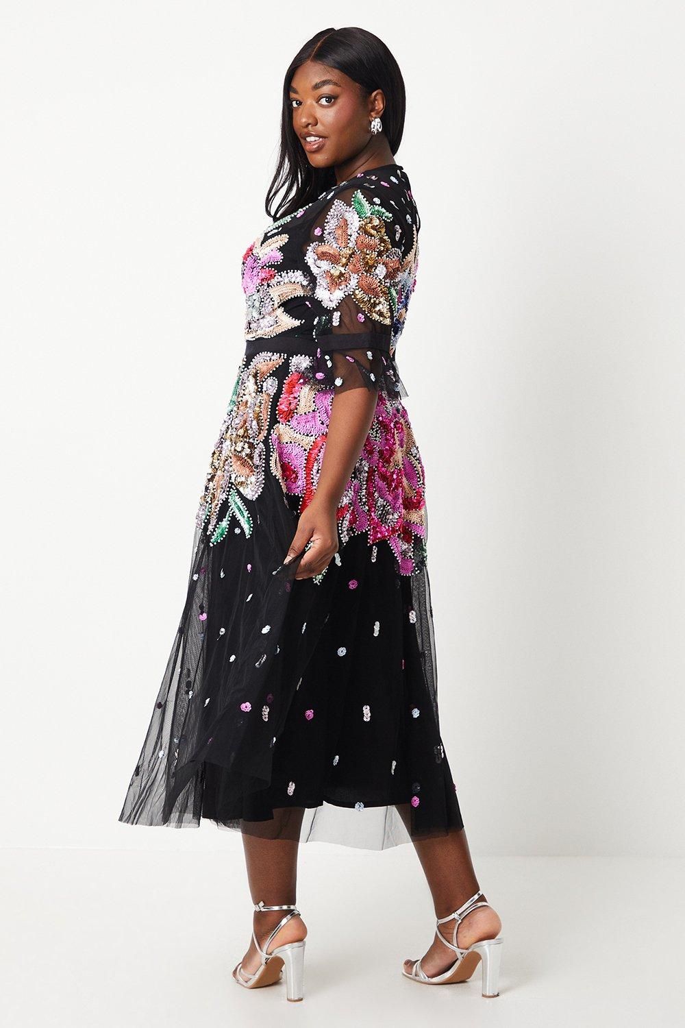 Coast Plus Hand Embellished Mesh Midi Dress With Short Sleeve Black image 3