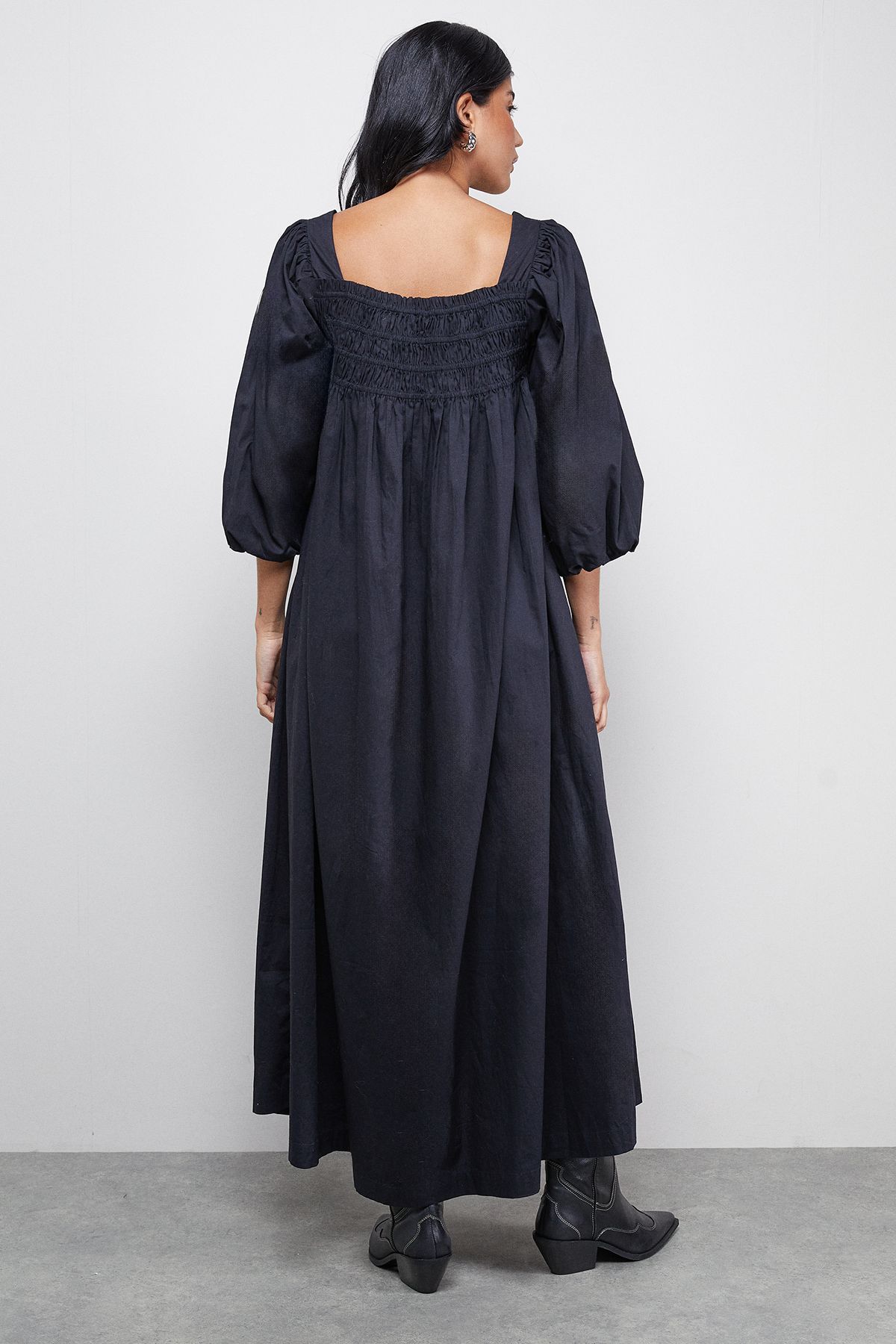 Warehouse Cotton Shirred Square Neck Midi Dress Black image 3