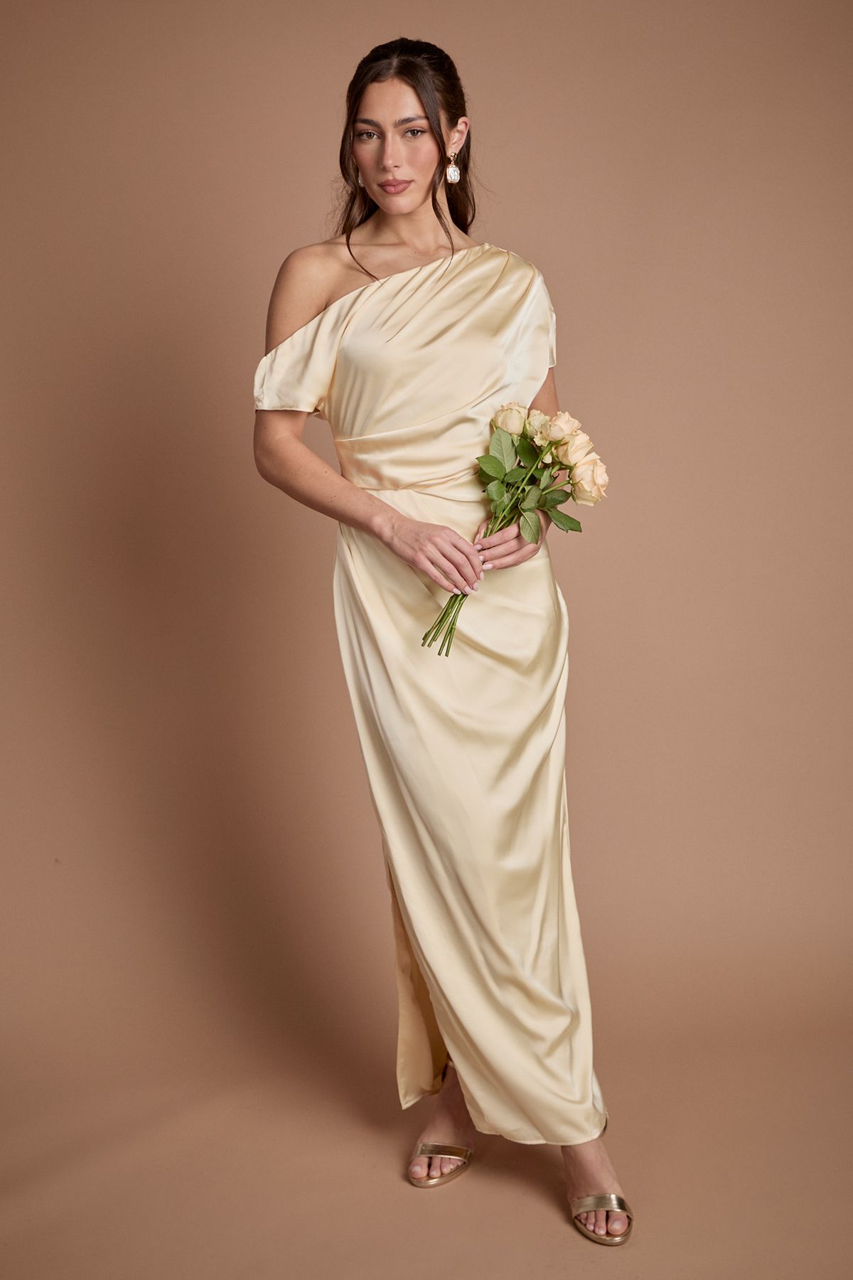 Coast Satin Ruched Detail Off The Shoulder Maxi Bridesmaid Dress Lemon