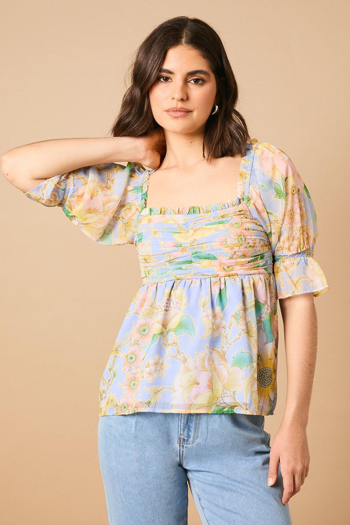 Oasis Floral Ruched Bodice Babydoll Blouse Blue image 2