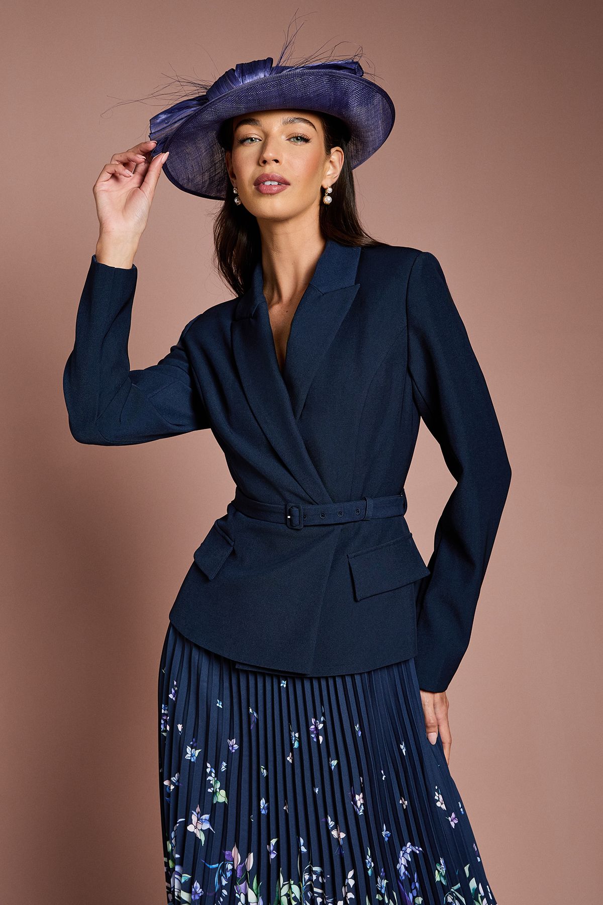 Coast Lisa Tan Tailored Jacket With Pleated Skirt Midi Dress Navy image 2