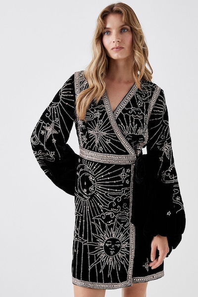 Coast Party Sequin Velvet Wrap Mini Dress Black